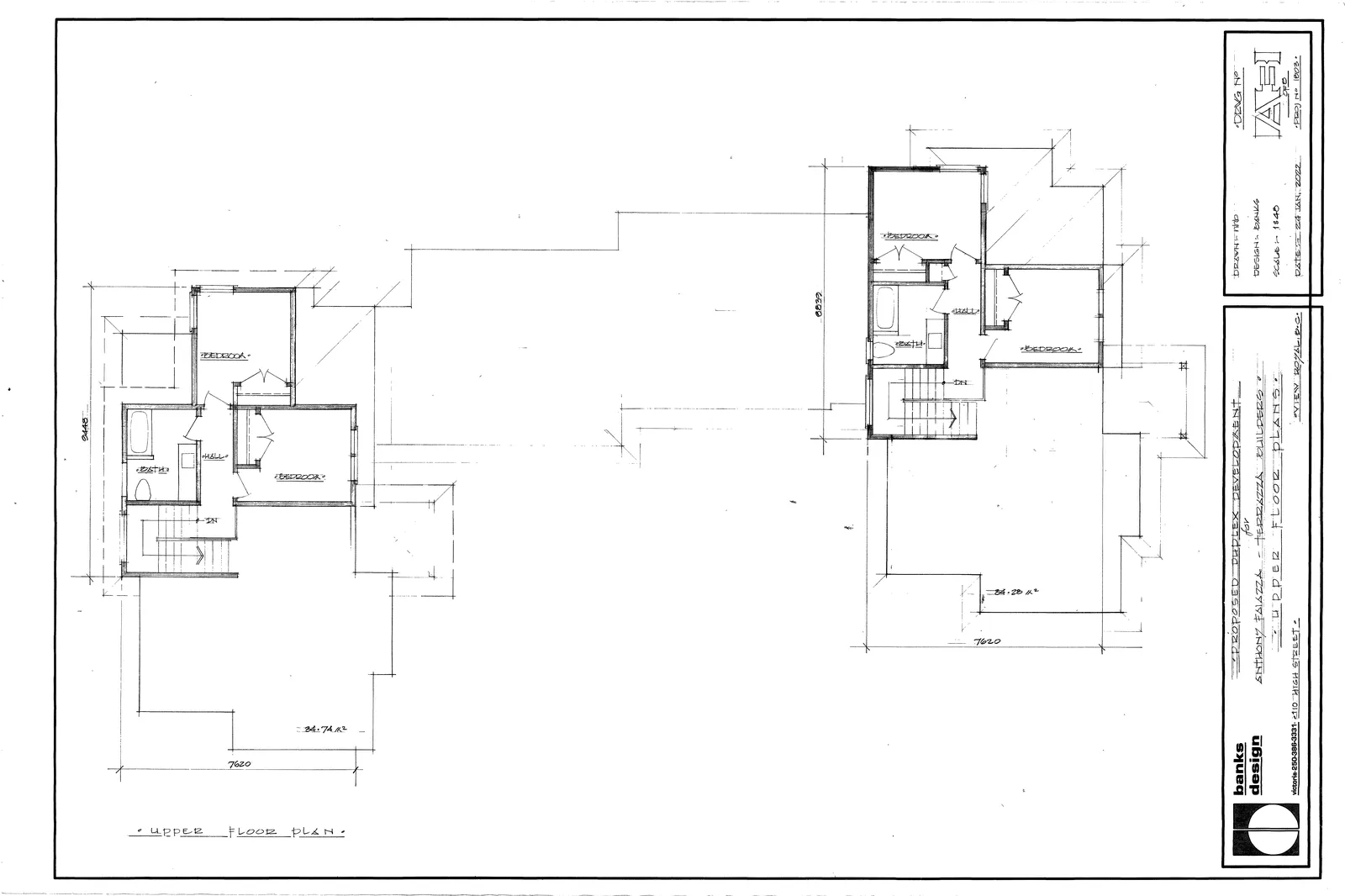 Detailed architectural floor plans for the upper levels of both proposed duplex units, illustrating bedroom and bathroom layouts.
