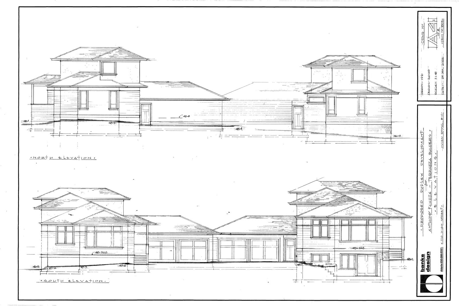 North and South architectural elevation drawings of the proposed duplex project.