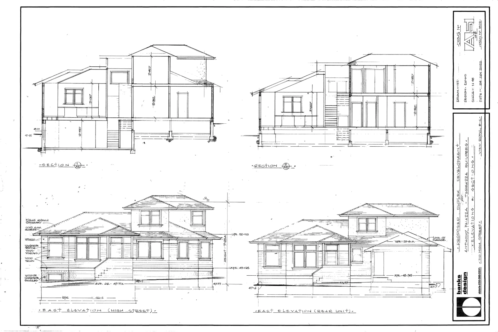 Architectural sections and East elevations from High Street and of the rear unit.