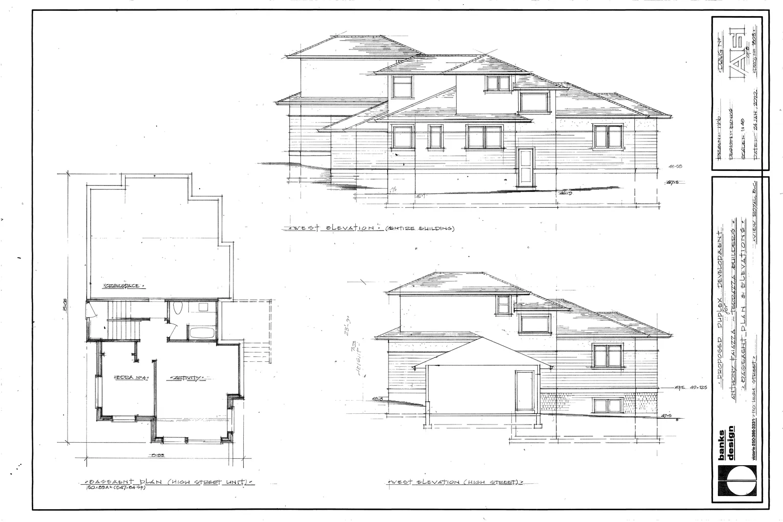 West elevation drawings for the entire building and the High Street unit specifically, along with a basement floor plan for the High Street unit.