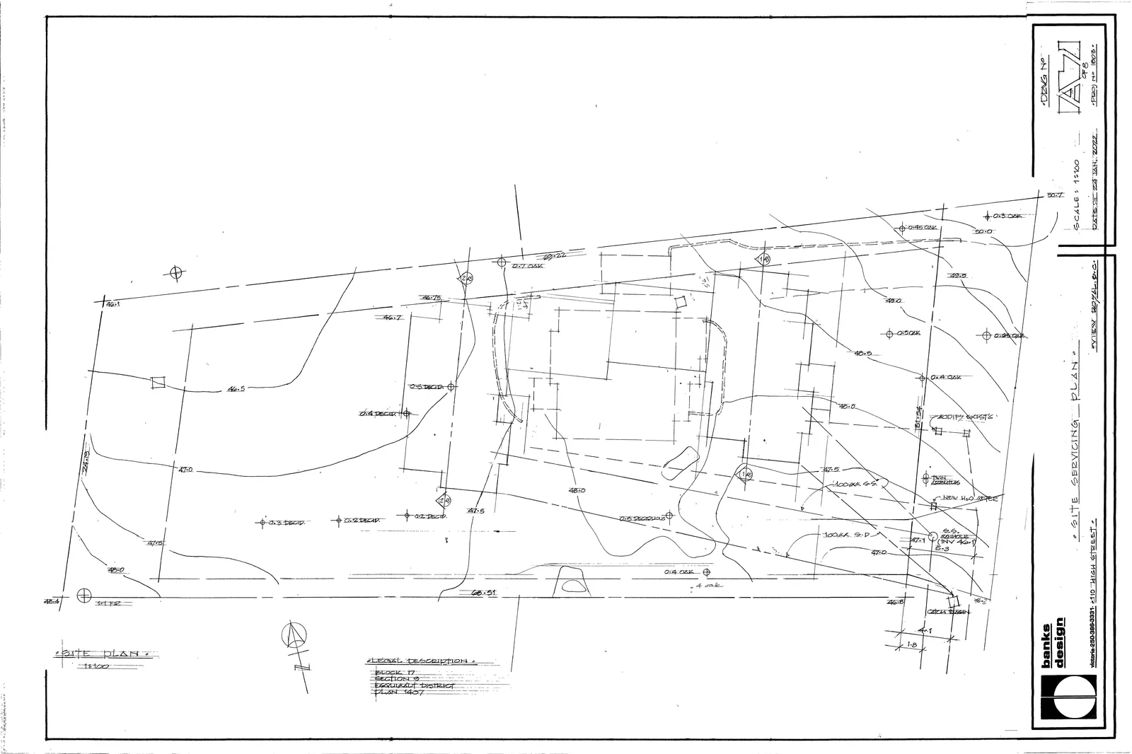 Site servicing plan detailing the underground utility connections including water, sanitary sewer, and storm drainage systems.