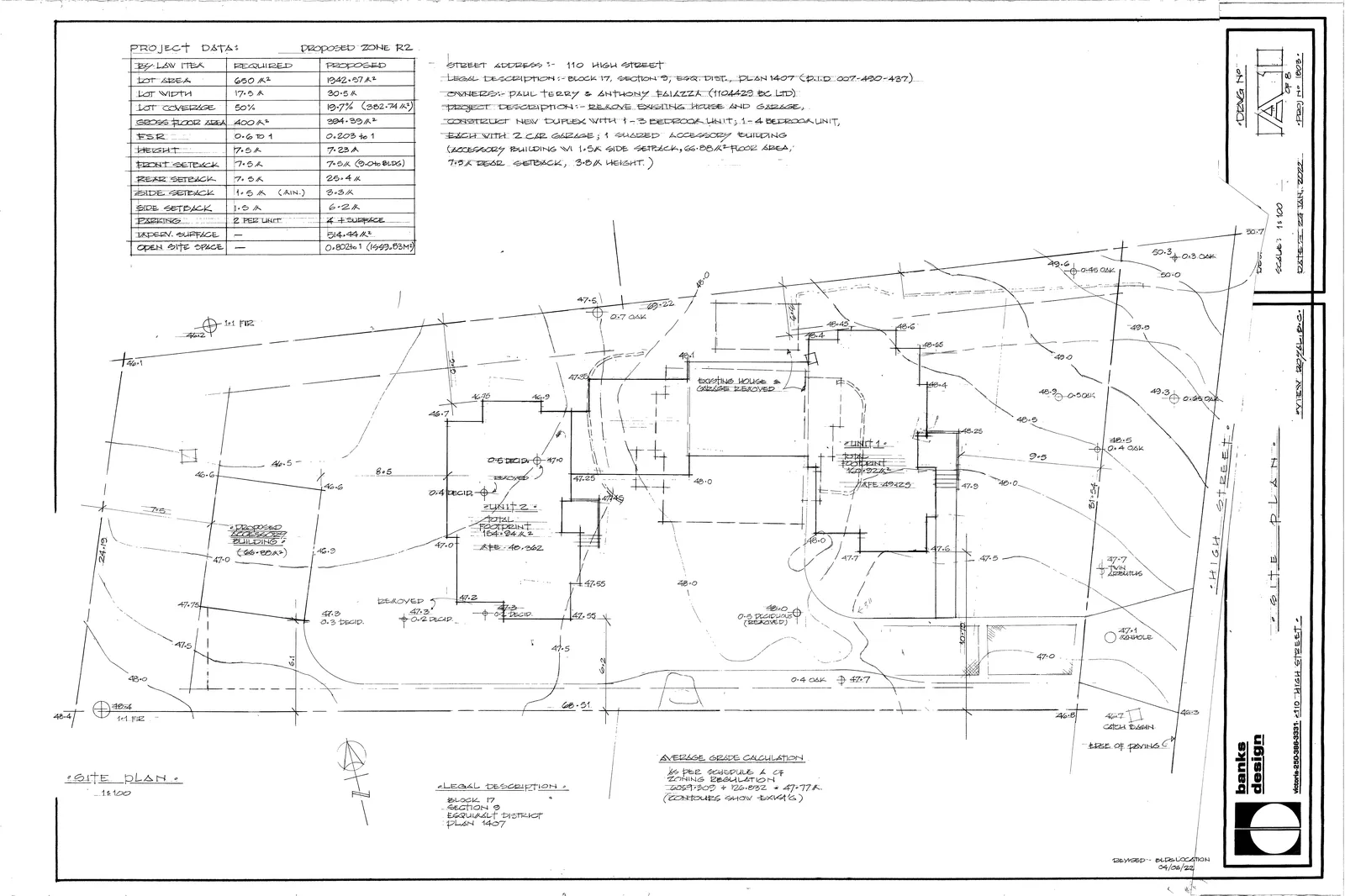 Site Plan for 110 High Street showing proposed duplex units 1 and 2, shared accessory building, topography contours, and project data table