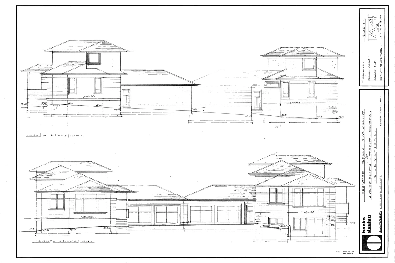 North and South architectural elevations of the proposed duplex buildings showing building heights and window placements
