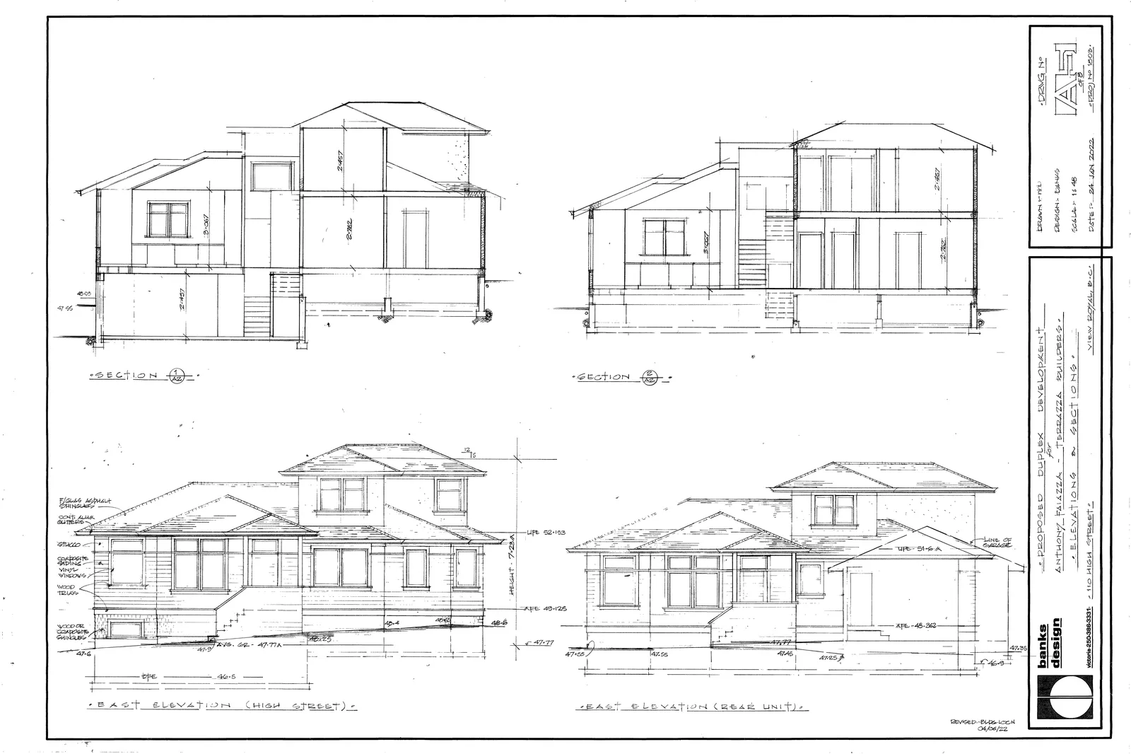 Architectural sections and East elevations for the High Street and Rear units, including a materials list and height markers