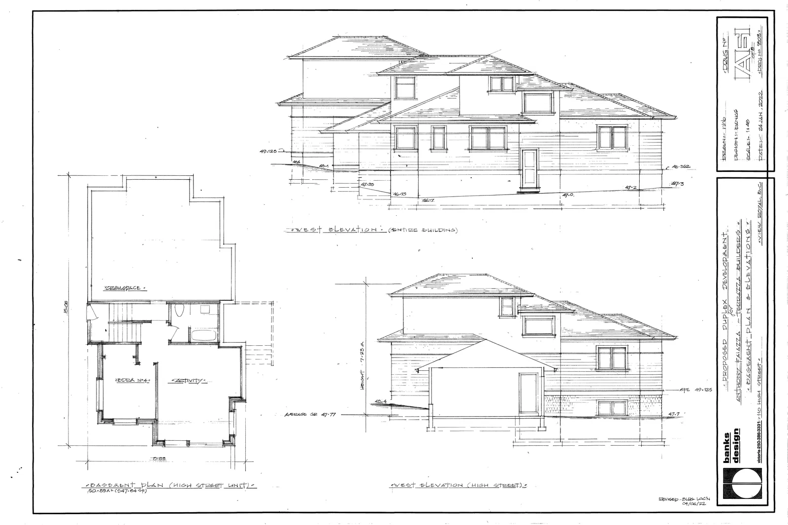 West elevations of the proposed development and a detailed basement floor plan for the High Street unit