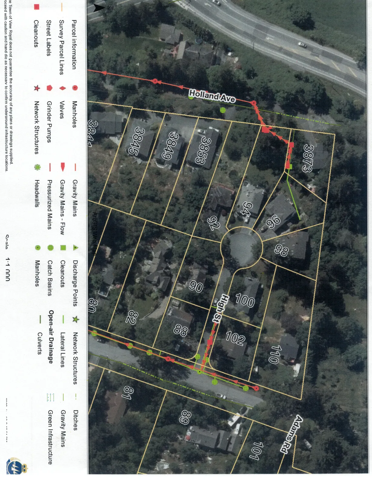 Aerial map of the area surrounding High St, Holland Ave, and Adams Rd, showing parcel boundaries and utility infrastructure. Property addresses include 80, 81, 82, 88, 89, 90, 92, 94, 96, 98, 100, 101, 102, 110, 3844, 3845, 3849, 3853, and 3873.