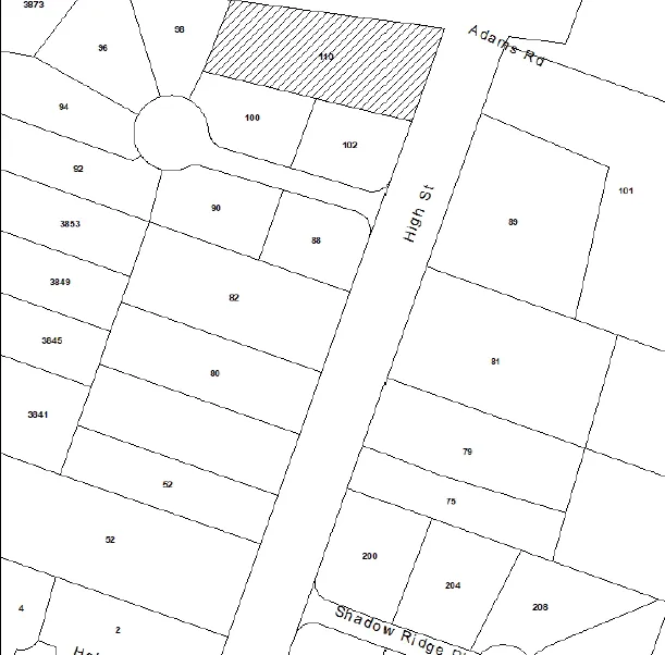 Map showing the location of 110 High Street and surrounding parcels