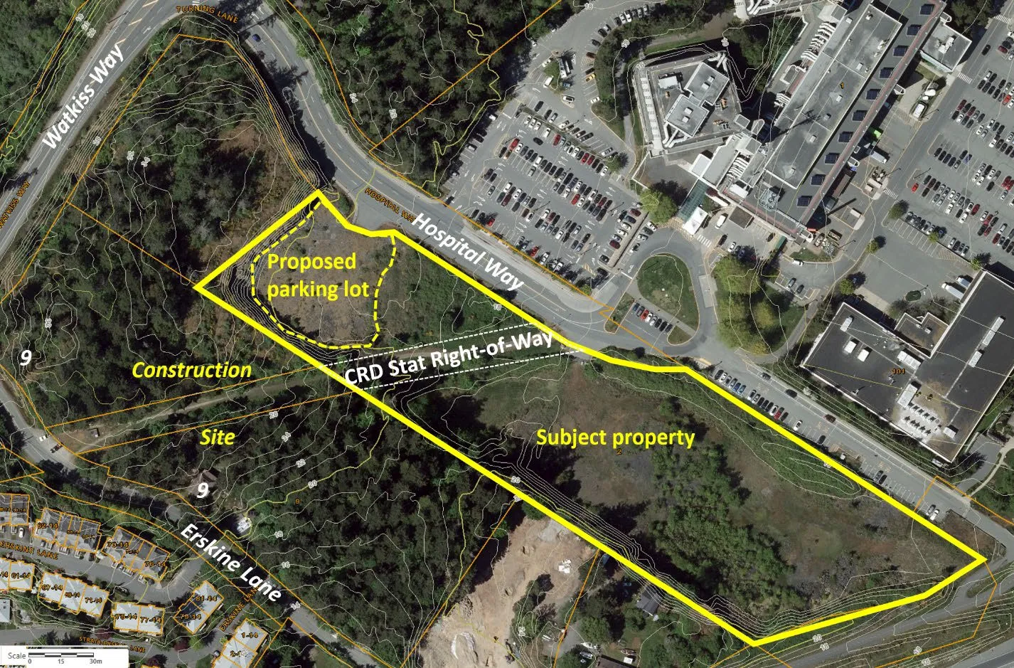 Air photo of proposed parking area with subject property boundaries, construction site, and right-of-way marked