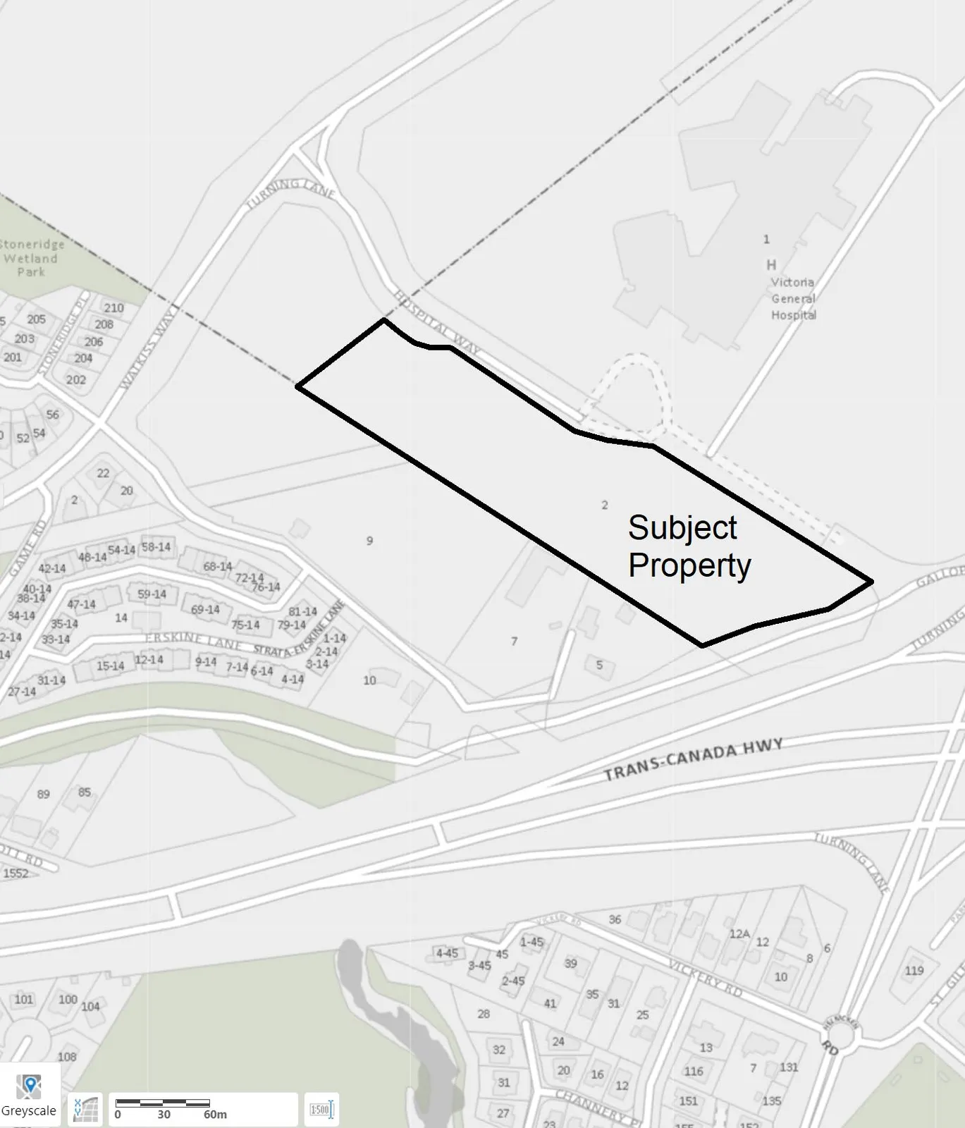 Map of the subject property location at 2 Hospital Way, outlined in black, showing surrounding streets including Hospital Way, Watkiss Way, Erskine Lane, and the proximity to Victoria General Hospital