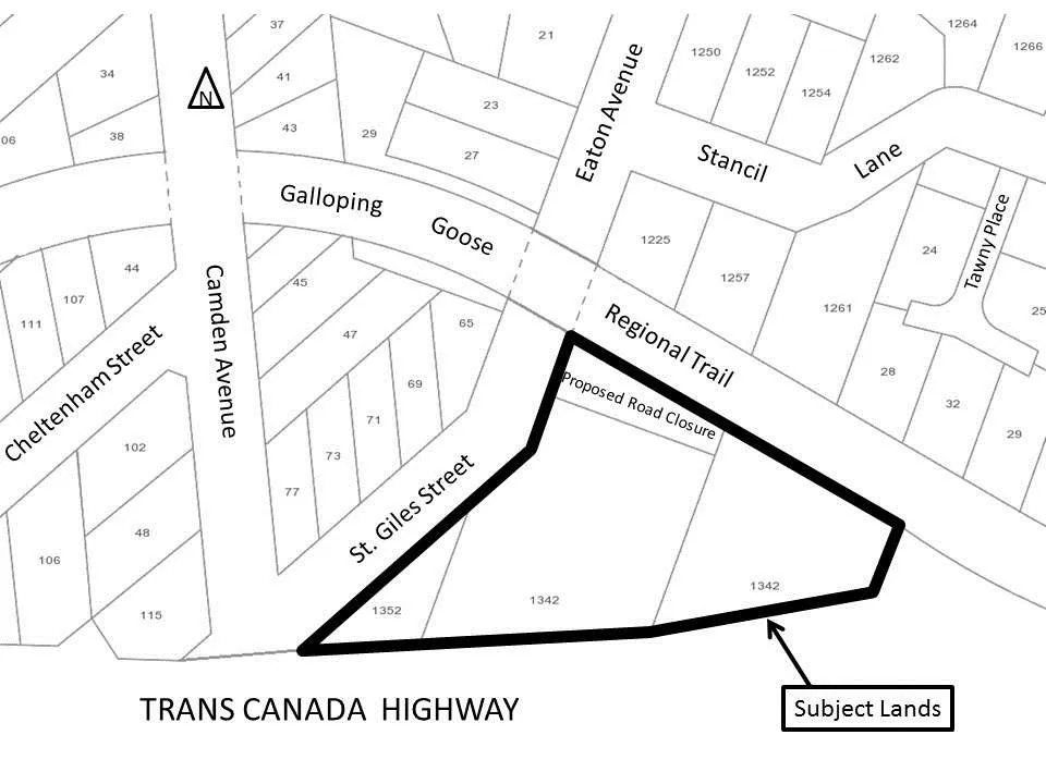 Map showing the subject lands at 1342 and 1352 Trans Canada Highway, including surrounding features such as St. Giles Street, Camden Avenue, and the Regional Trail