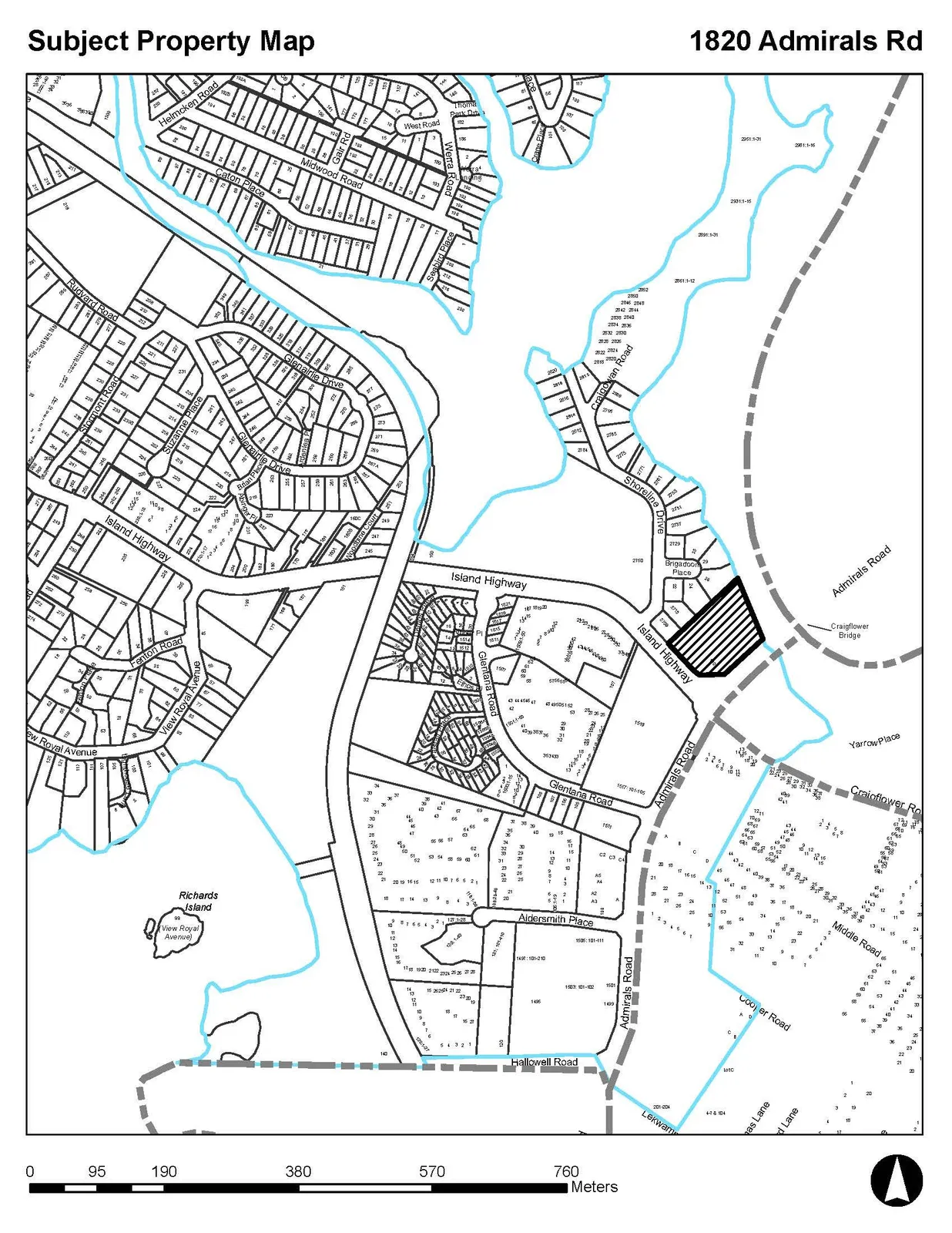 Subject Property Map for 1801 Admirals Rd showing the subject property and surrounding streets including Island Highway, Shoreline Drive, and Admirals Road