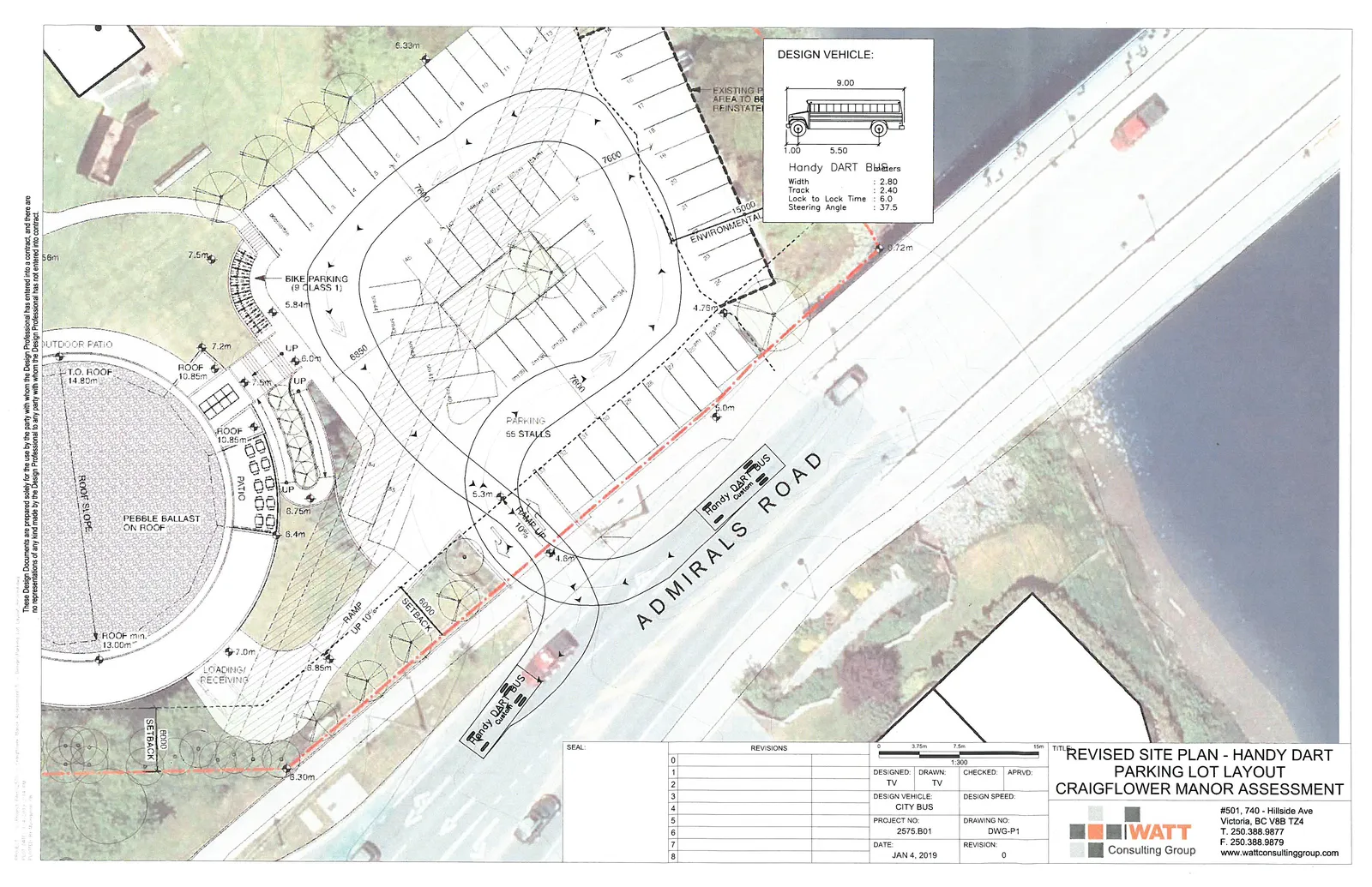Revised site plan for Craigflower Manor Assessment, showing the parking lot layout with 55 stalls, vehicle turning radii for a Handy DART bus, and access from Admirals Road.