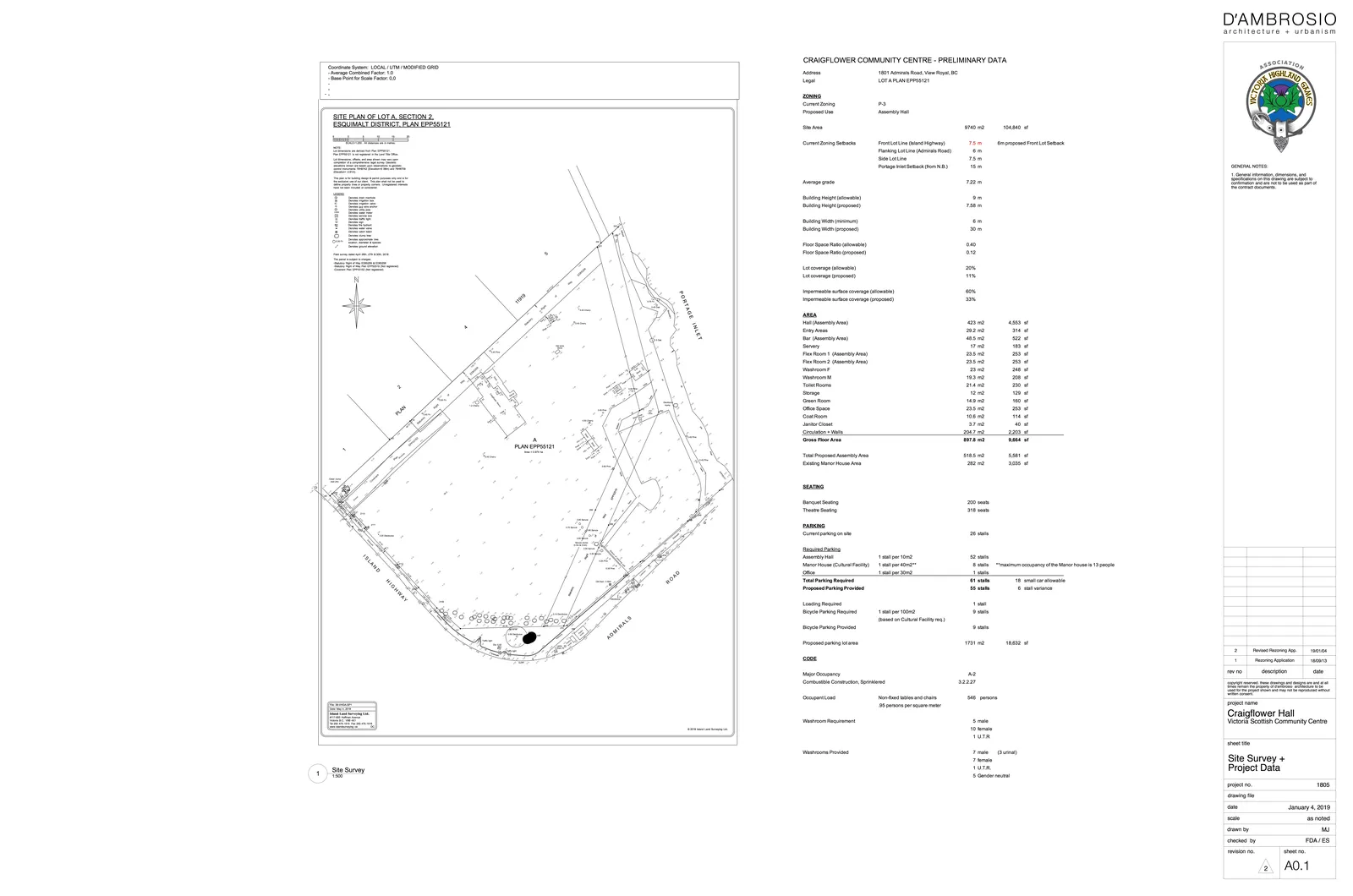 Site Plan of LOT A, SECTION 2, ESQUIMALT DISTRICT, PLAN EPP55121, showing property boundaries, existing structures, and the footprint of the proposed community center along Admirals Road and Island Highway.