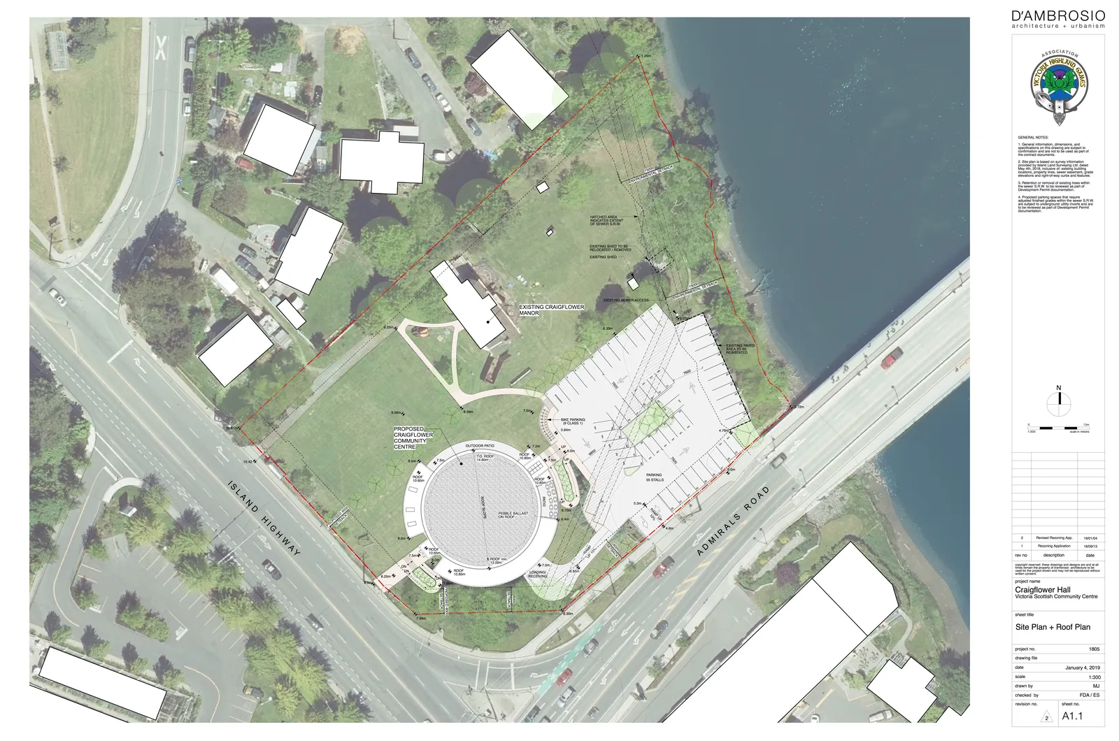 Site plan and roof plan overlay on an aerial photograph showing the proposed Craigflower Community Centre building, 55-stall parking lot, existing Craigflower Manor, and site boundaries adjacent to Island Highway, Admirals Road, and the water.