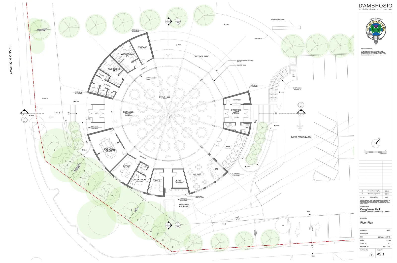 Architectural floor plan of Craigflower Hall showing a circular central Event Hall surrounded by radial service rooms, including meeting rooms, an office, a green room, servery, storage, lounge, bar, and entrance lobbies. The plan also details outdoor patios, parking areas, and site boundaries near Island Highway.