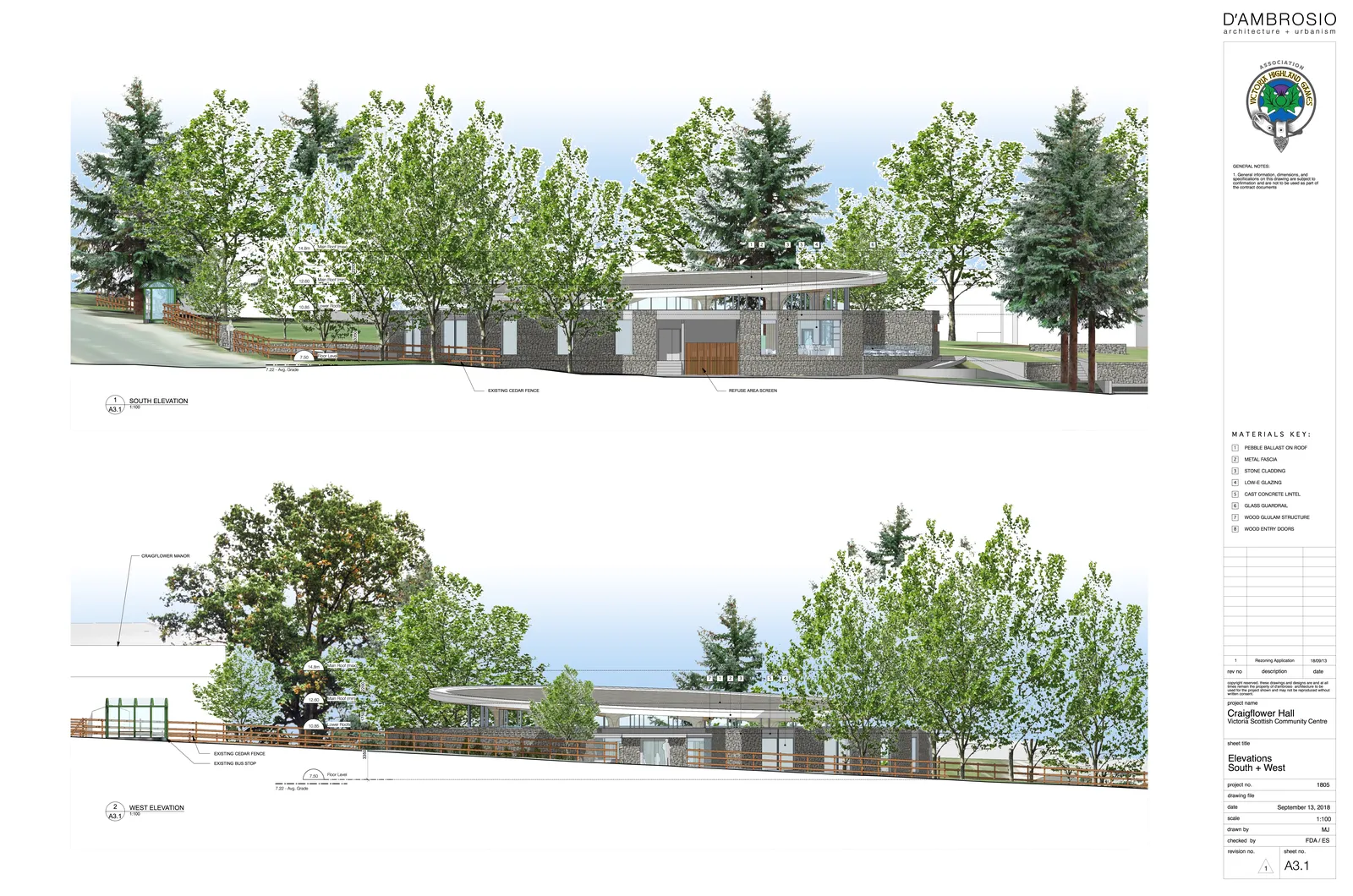 Architectural renderings showing the South and West elevations of Craigflower Hall. The South Elevation (top) shows the building nestled among trees with stone cladding and a refuse area screen. The West Elevation (bottom) shows the building's profile relative to the existing bus stop and Craigflower Manor, featuring a low roofline and glass guardrails.