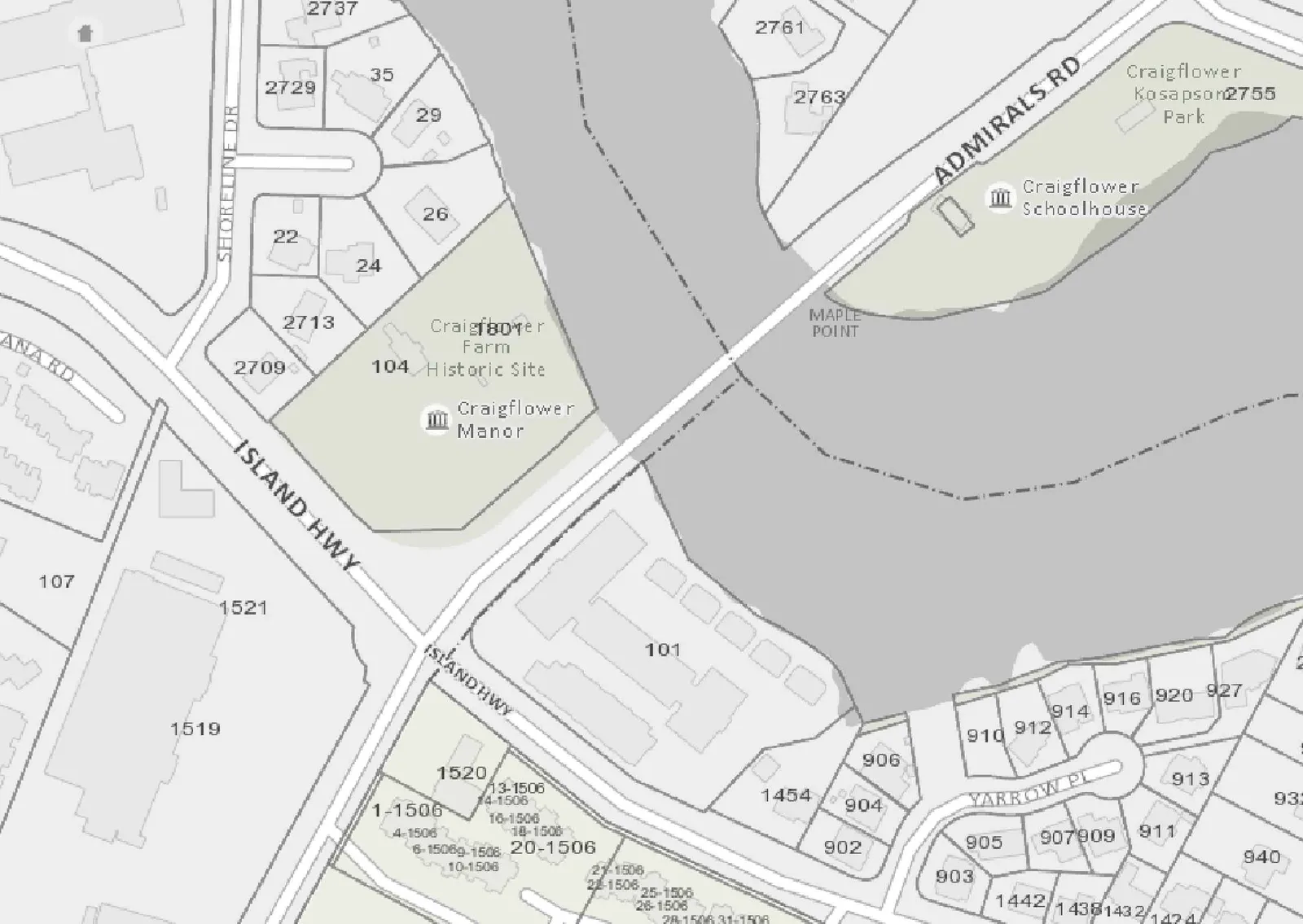 Site Location map showing Admirals Road, Island Highway, Craigflower Manor Historic Site, and Craigflower Schoolhouse
