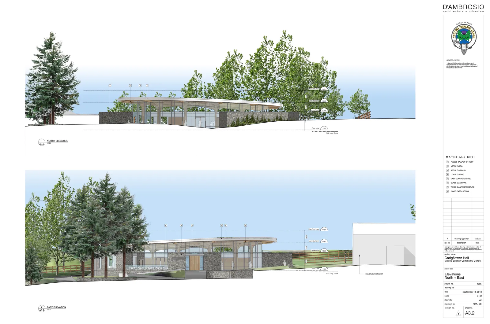 Architectural renderings showing the North and East elevations of the Craigflower Hall project, including material callouts and elevation height measurements.