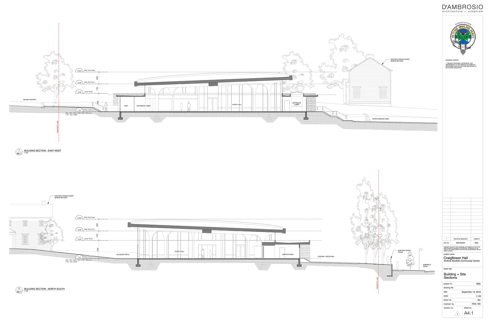 Architectural drawing showing East-West and North-South building sections for Craigflower Hall, including site context and elevation measurements.