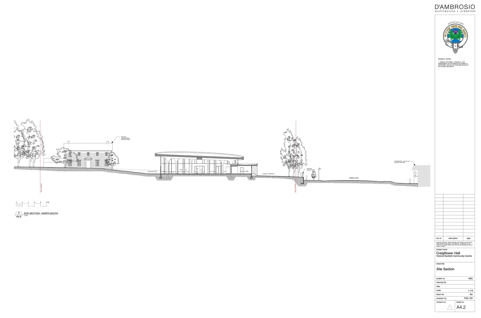 North-South site section architectural drawing showing the topographical relationship between the existing Craigflower Manor, the proposed new Event Hall with service area and outdoor patio, and Admirals Road.