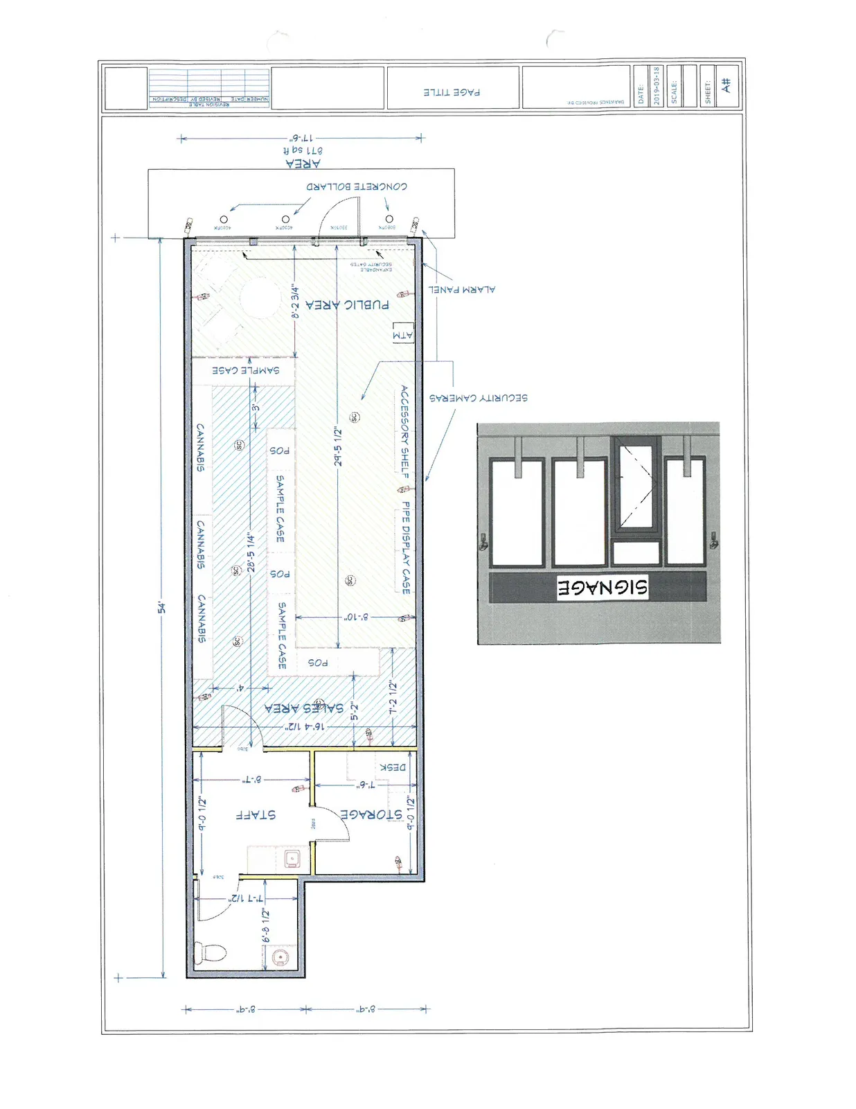 Detailed architectural floor plan and storefront elevation for a retail space, showing a total area of 871 sq ft with dimensions 17'-6" wide by 54' long.