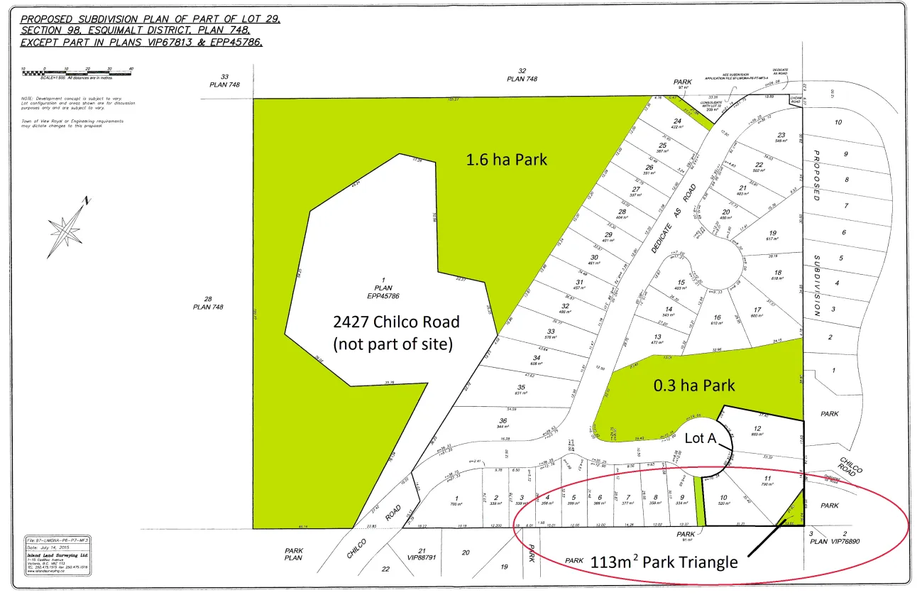 Proposed subdivision plan of Thetis Vale Phase 7 highlighting park areas, including a 113m² park triangle