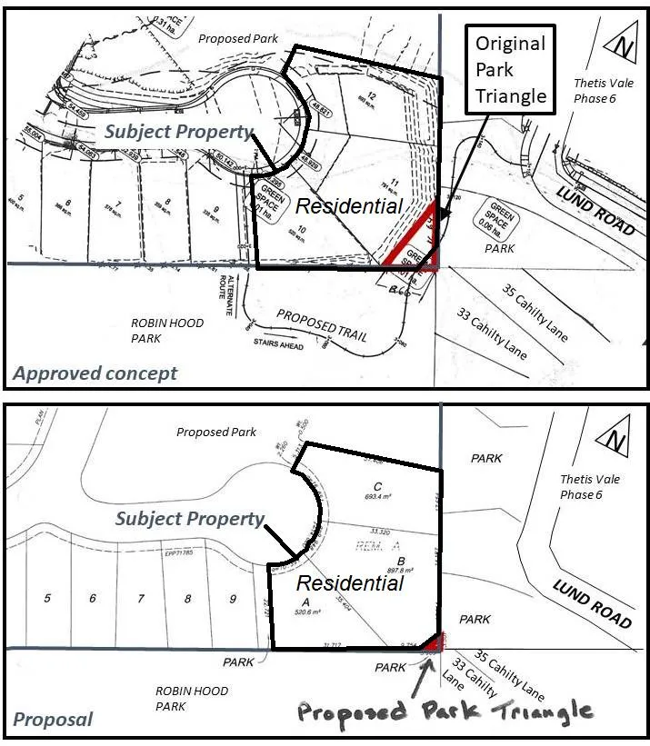 Comparison diagrams showing the original approved concept versus the new proposal for the subject property and park triangle