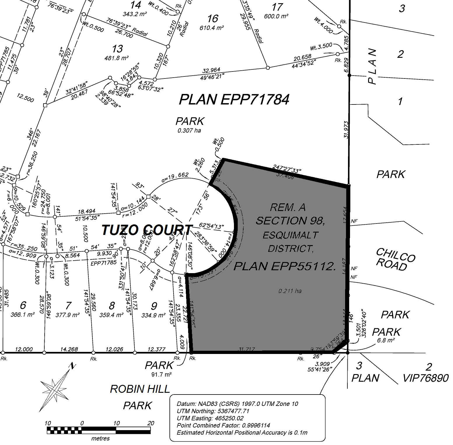 Survey plan map for PLAN EPP71784 and PLAN EPP55112 detailing lot layouts for Tuzo Court and adjacent park areas in Robin Hill