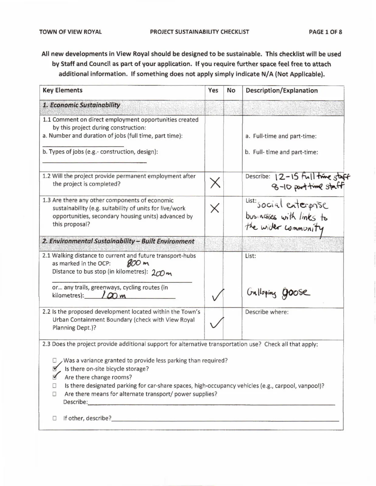 Sustainability Checklist Page 1 - Economic and Built Environment
