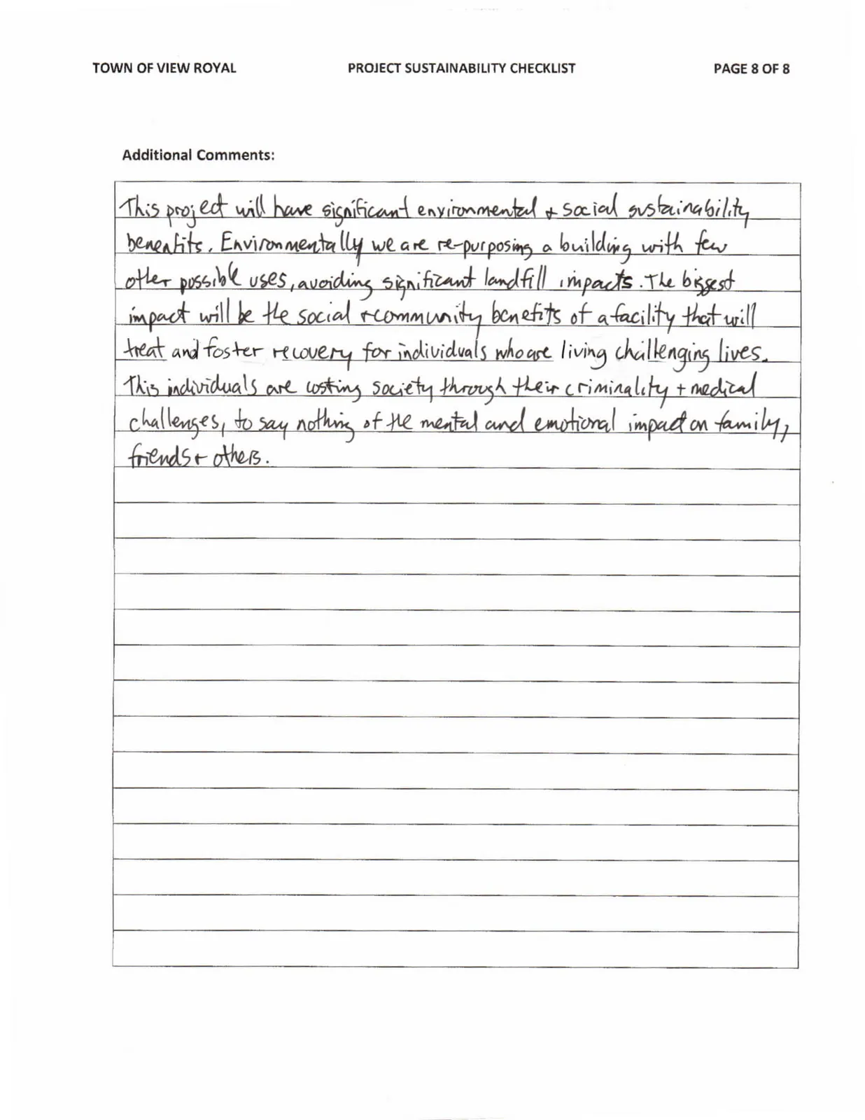 Sustainability Checklist Page 8 - Additional Comments