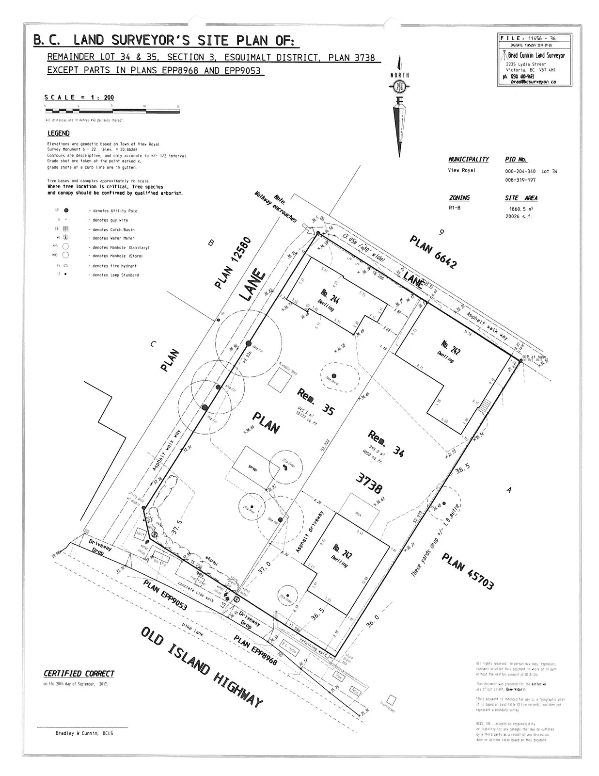 Detailed site plan map showing lots 34 and 35, building footprints for No. 242 and No. 244, contours, trees, driveways, and surrounding infrastructure including LANE, OLD ISLAND HIGHWAY, and various property plans.