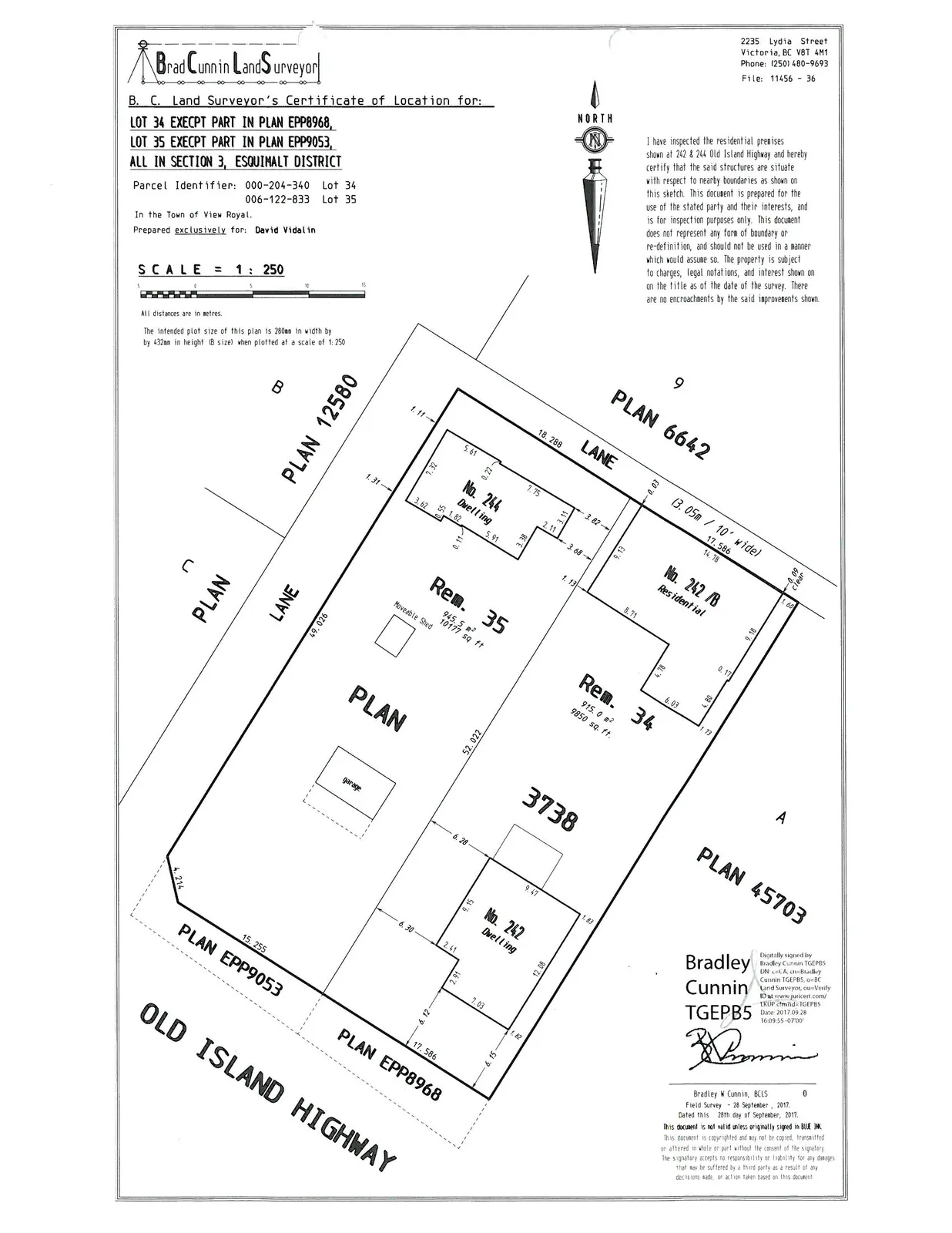 Certificate of Location map focusing on the building footprints of No. 244, No. 242/B, and No. 242 on Rem. 35 and Rem. 34, showing distances to property lines.