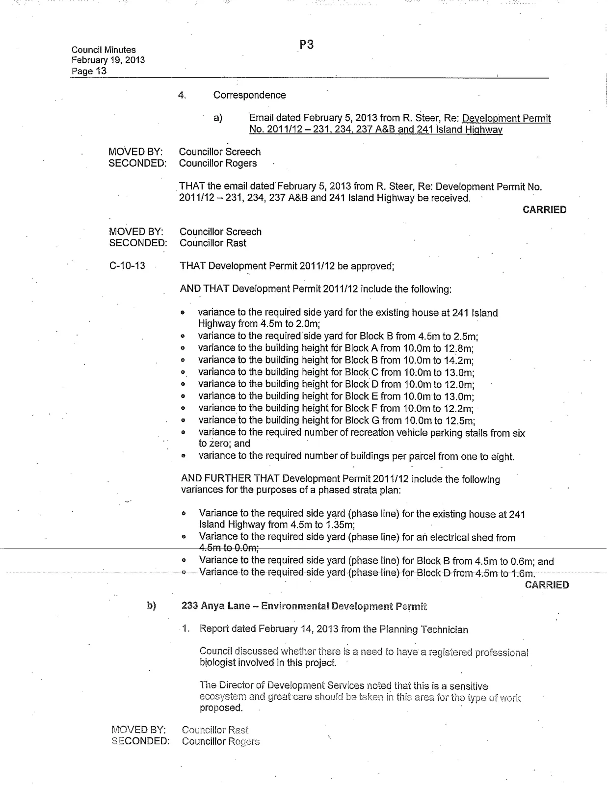 Page 3 of the Minutes of a Council Meeting held on February 19, 2013