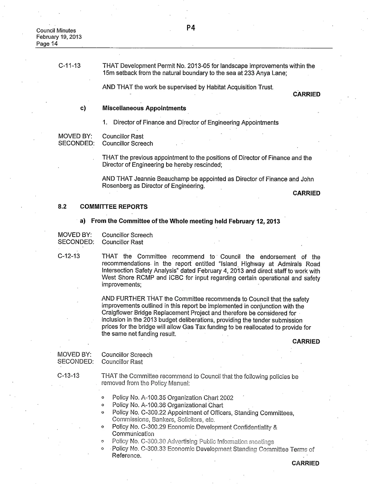 Page 4 of the Minutes of a Council Meeting held on February 19, 2013
