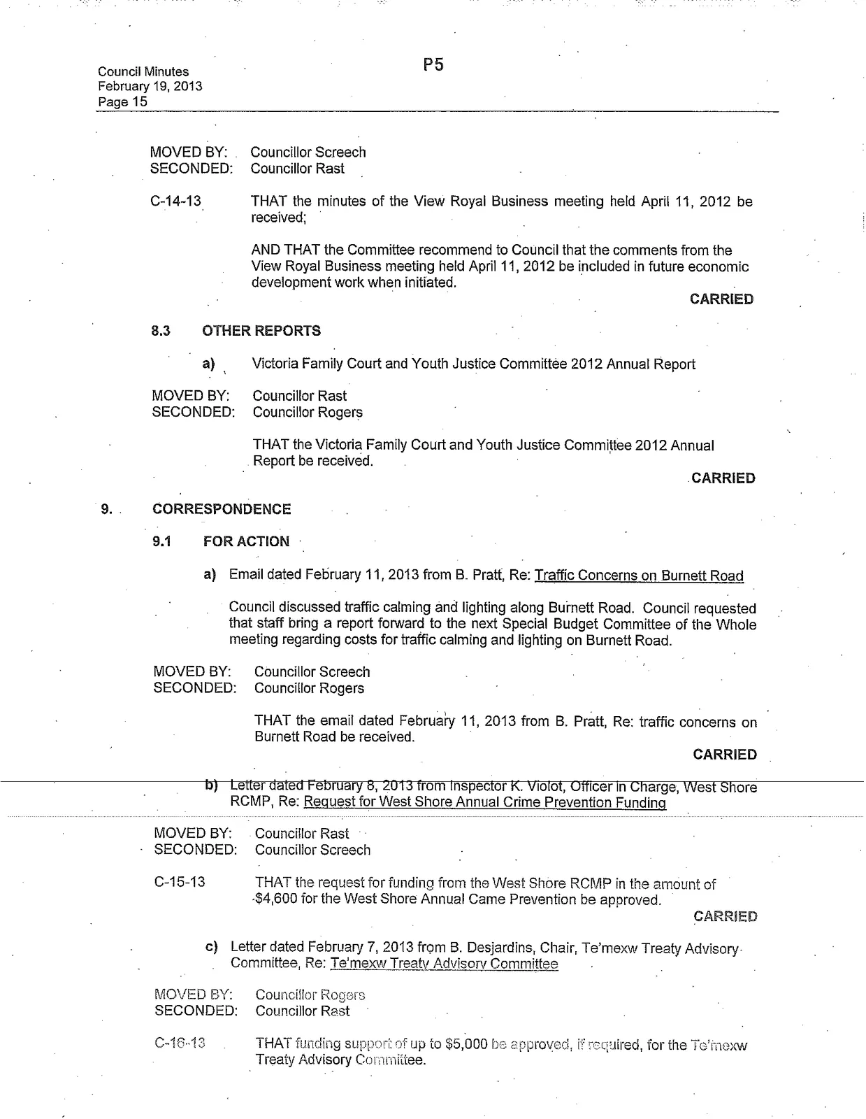 Page 5 of the Minutes of a Council Meeting held on February 19, 2013