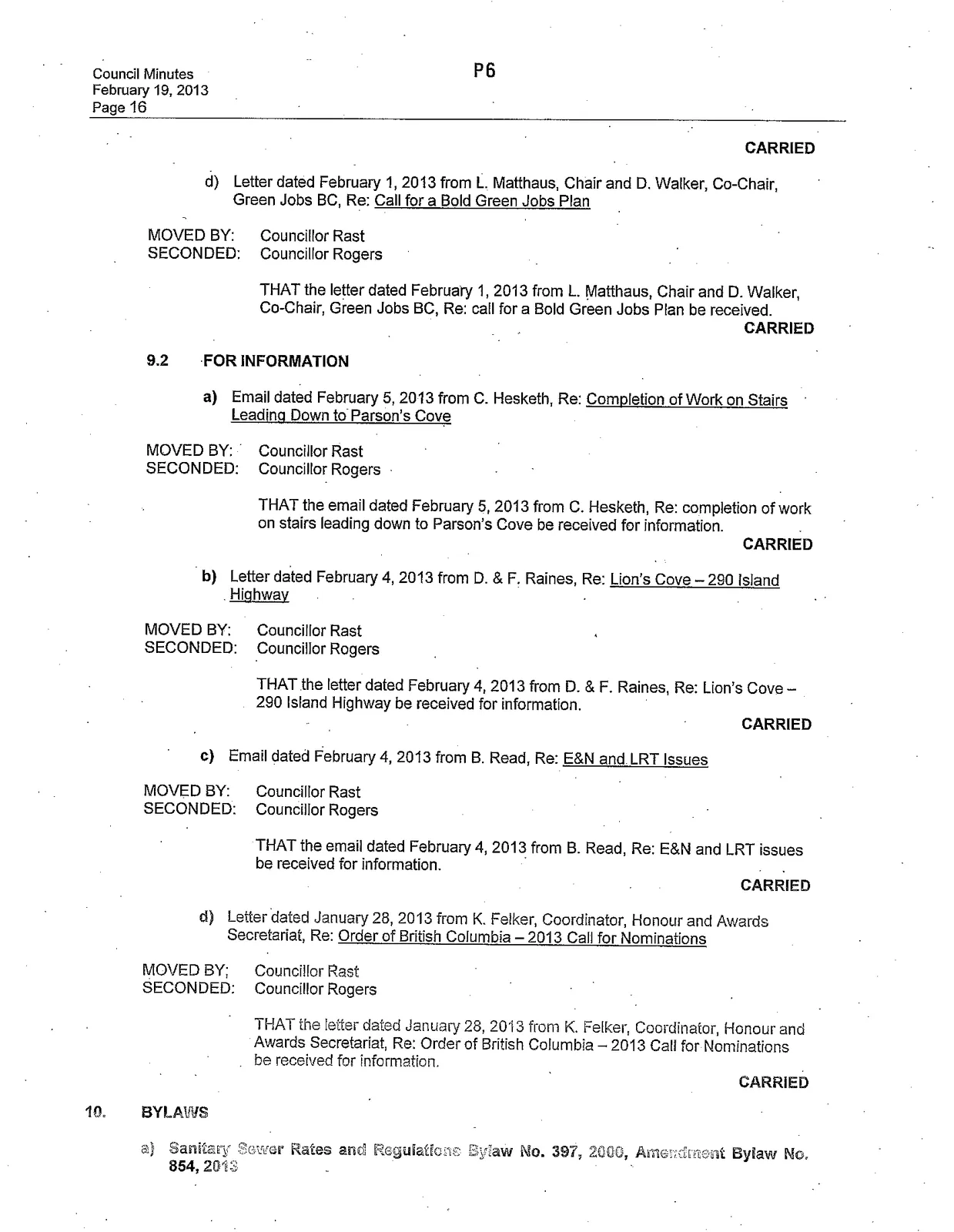 Page 6 of the Minutes of a Council Meeting held on February 19, 2013