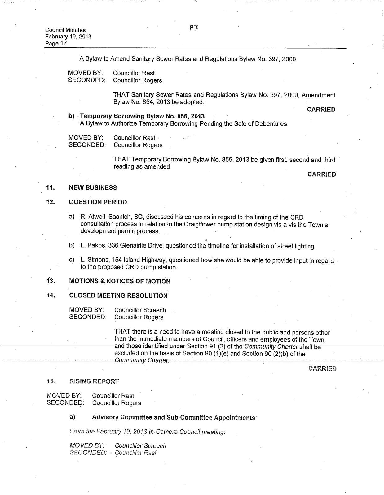 Page 7 of the Minutes of a Council Meeting held on February 19, 2013