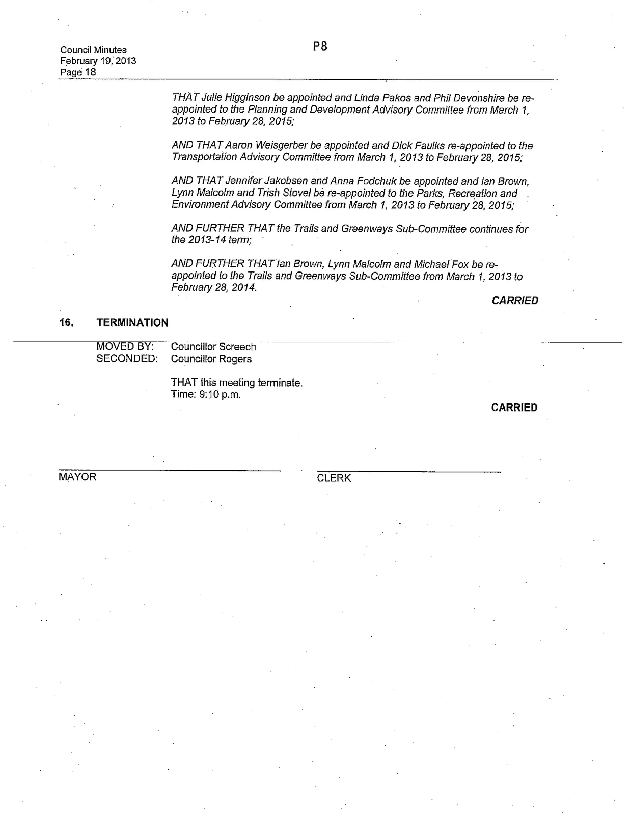 Page 8 of the Minutes of a Council Meeting held on February 19, 2013