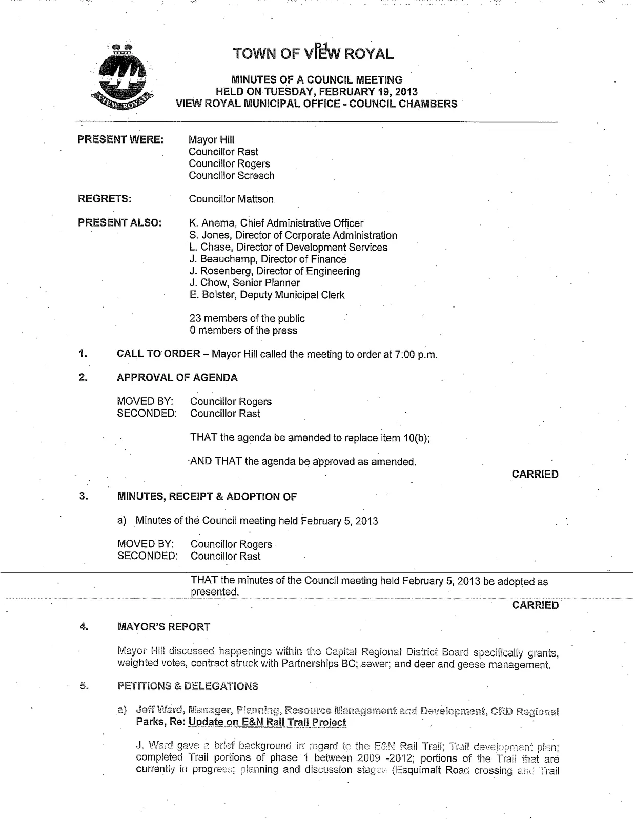 Page 1 of the Minutes of a Council Meeting held on February 19, 2013