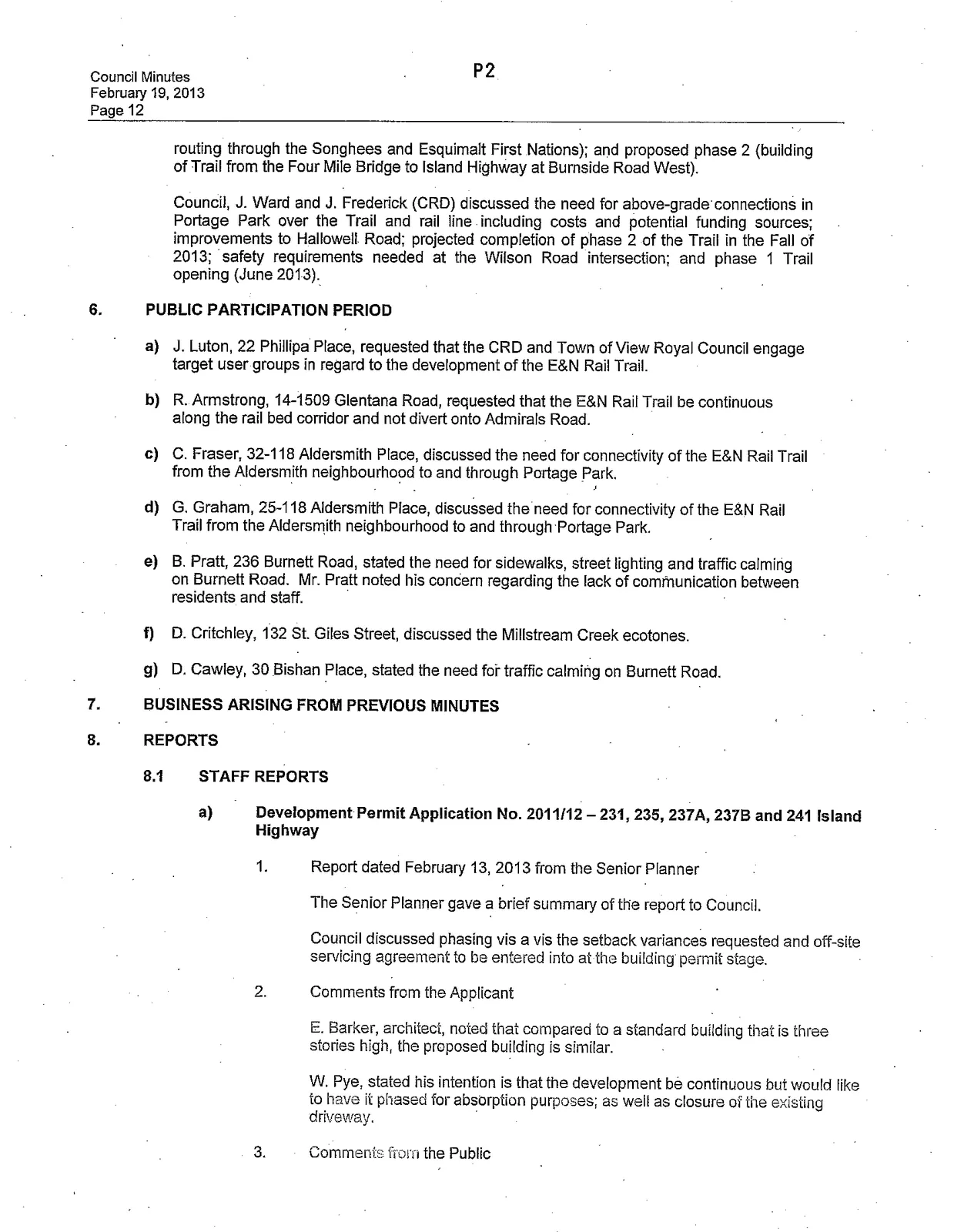 Page 2 of the Minutes of a Council Meeting held on February 19, 2013
