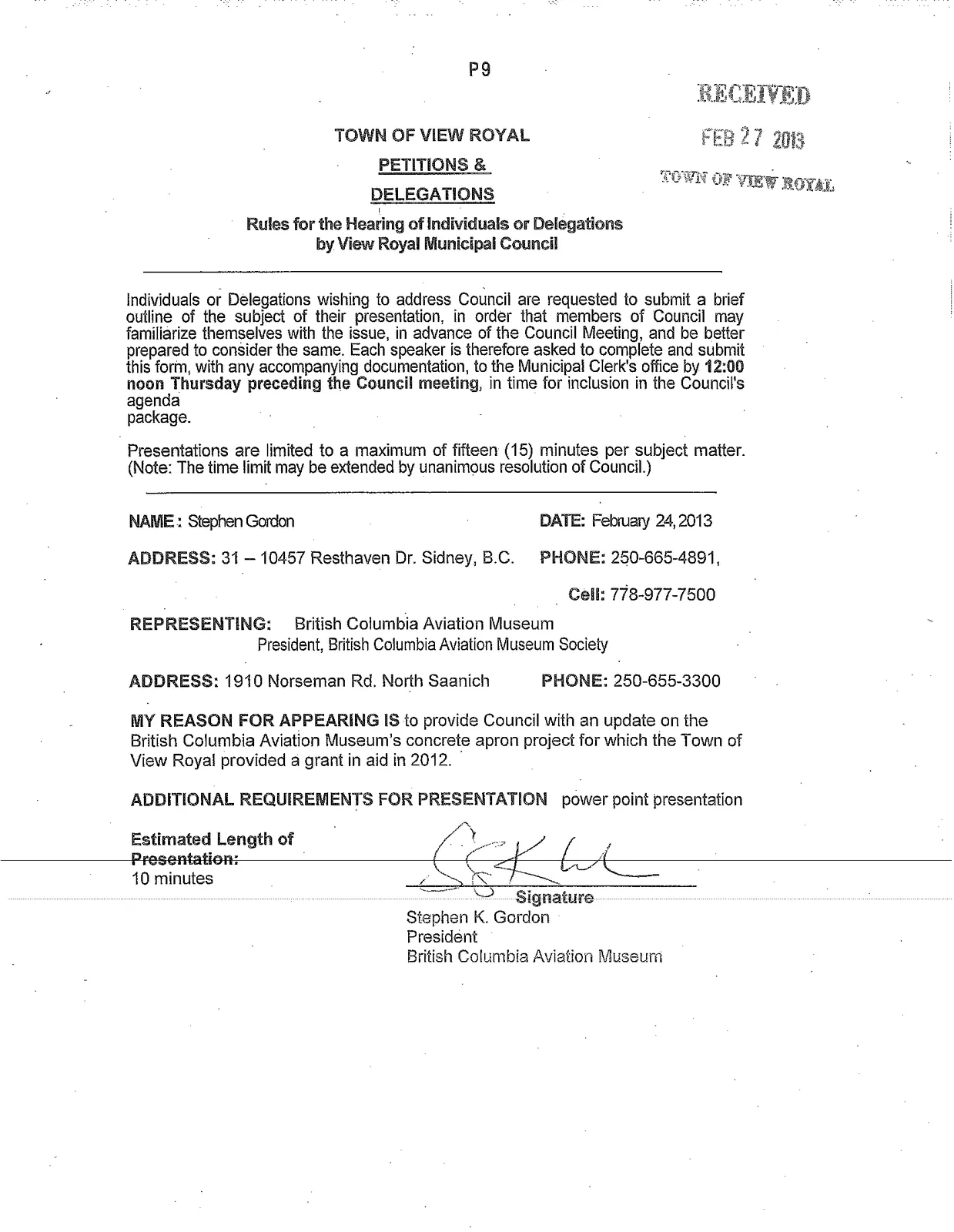 Petition and Delegation form for Stephen Gordon