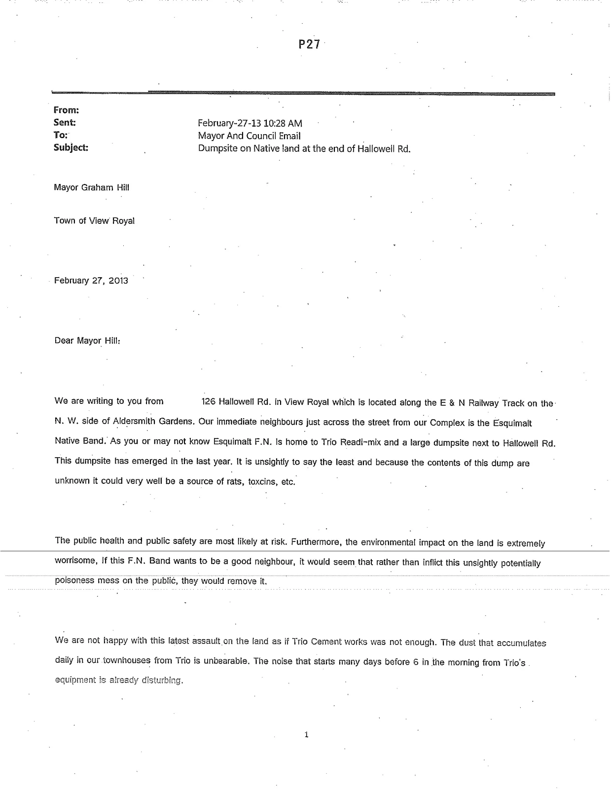 Email from Paul and Norma Steer regarding a dumpsite on Esquimalt Native Band land