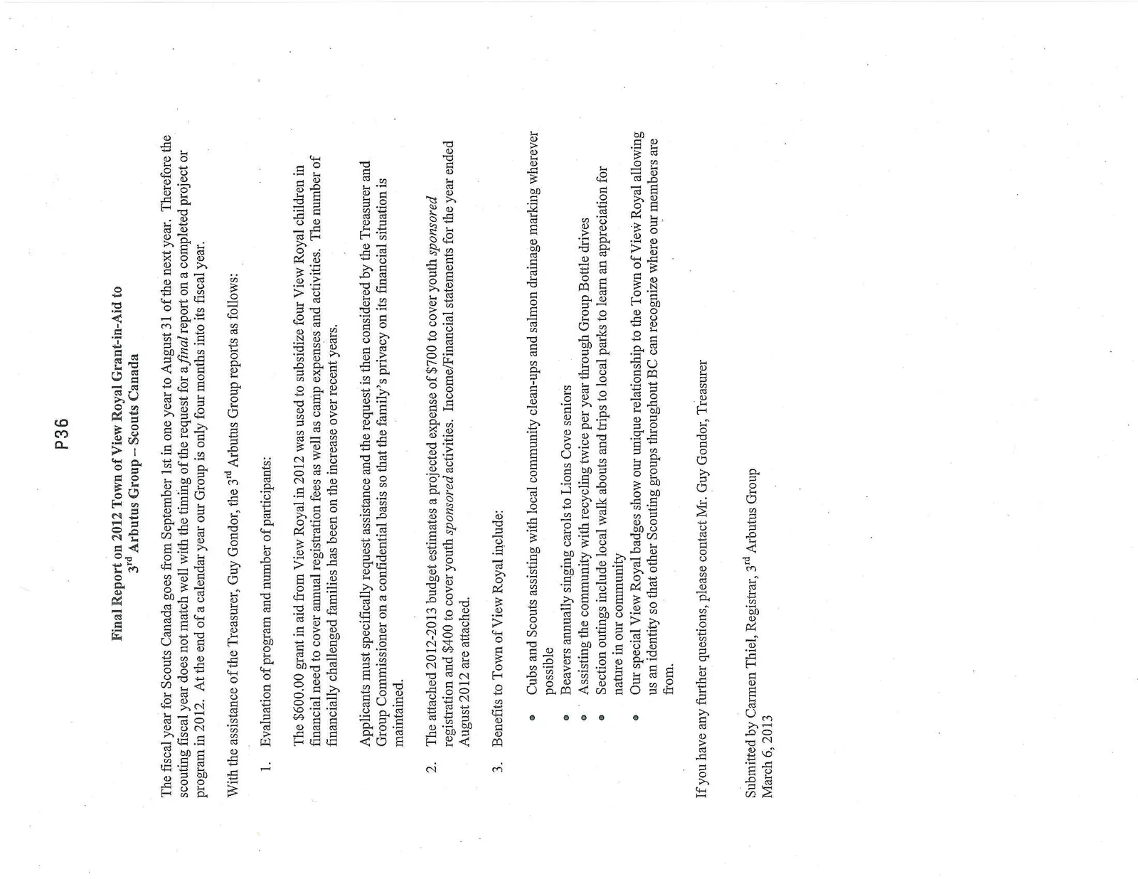 Final Report on 2012 Town of View Royal Grant-in-Aid