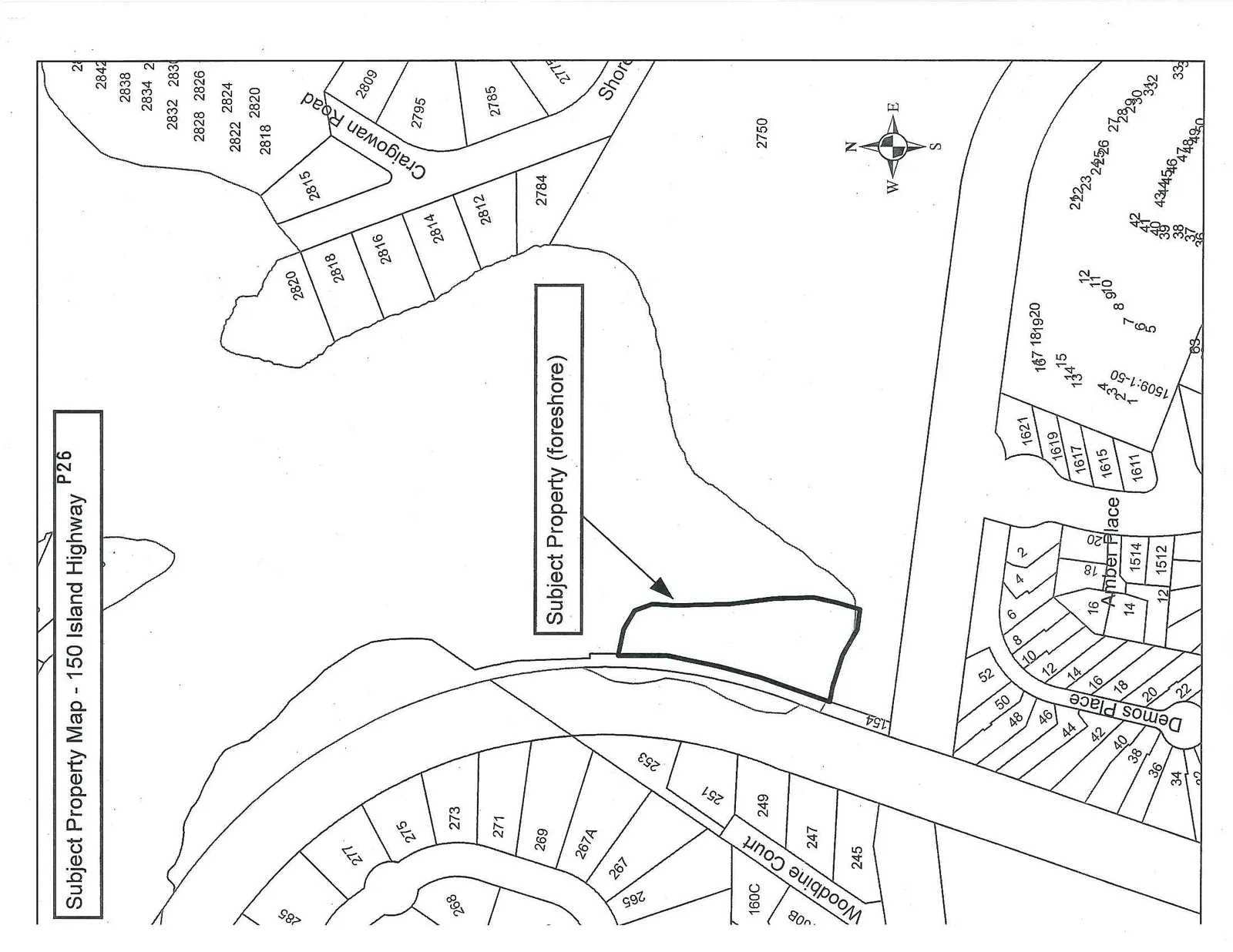 A property map highlighting a specific coastal area labeled "Subject Property (foreshore)" at 150 Island Highway. The map shows surrounding residential lots and streets including Woodbine Court, Craigowan Road, Amber Place, and Demos Place.