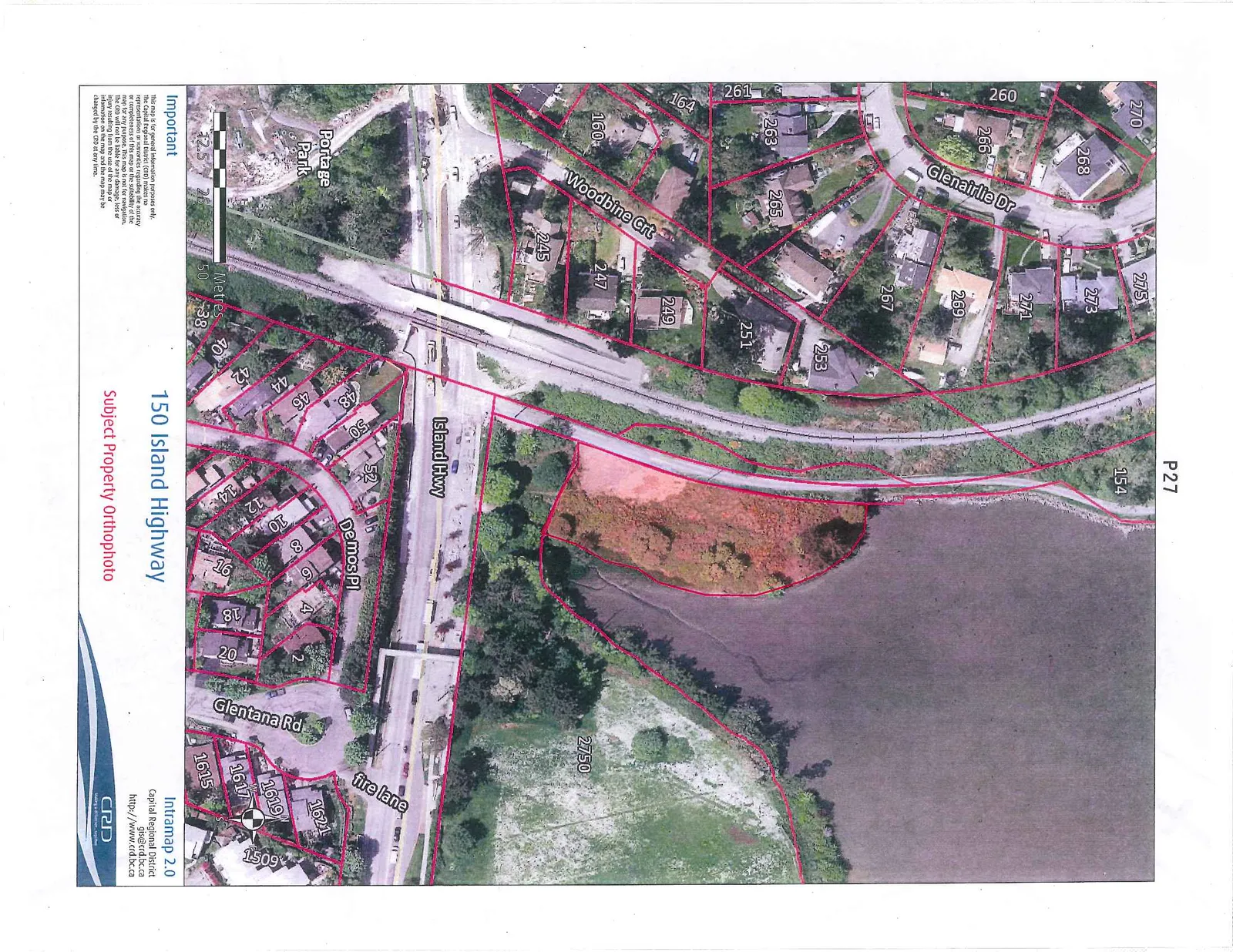 Orthophoto map showing the subject property at 150 Island Highway and the surrounding area. The map includes property boundaries, road names such as Glenairlie Dr, Woodbine Crt, Island Hwy, Demos Pl, and Glentana Rd, and landmarks like Portage Park. Specific parcel numbers are indicated for residential lots and large properties including parcels 154 and 2750.