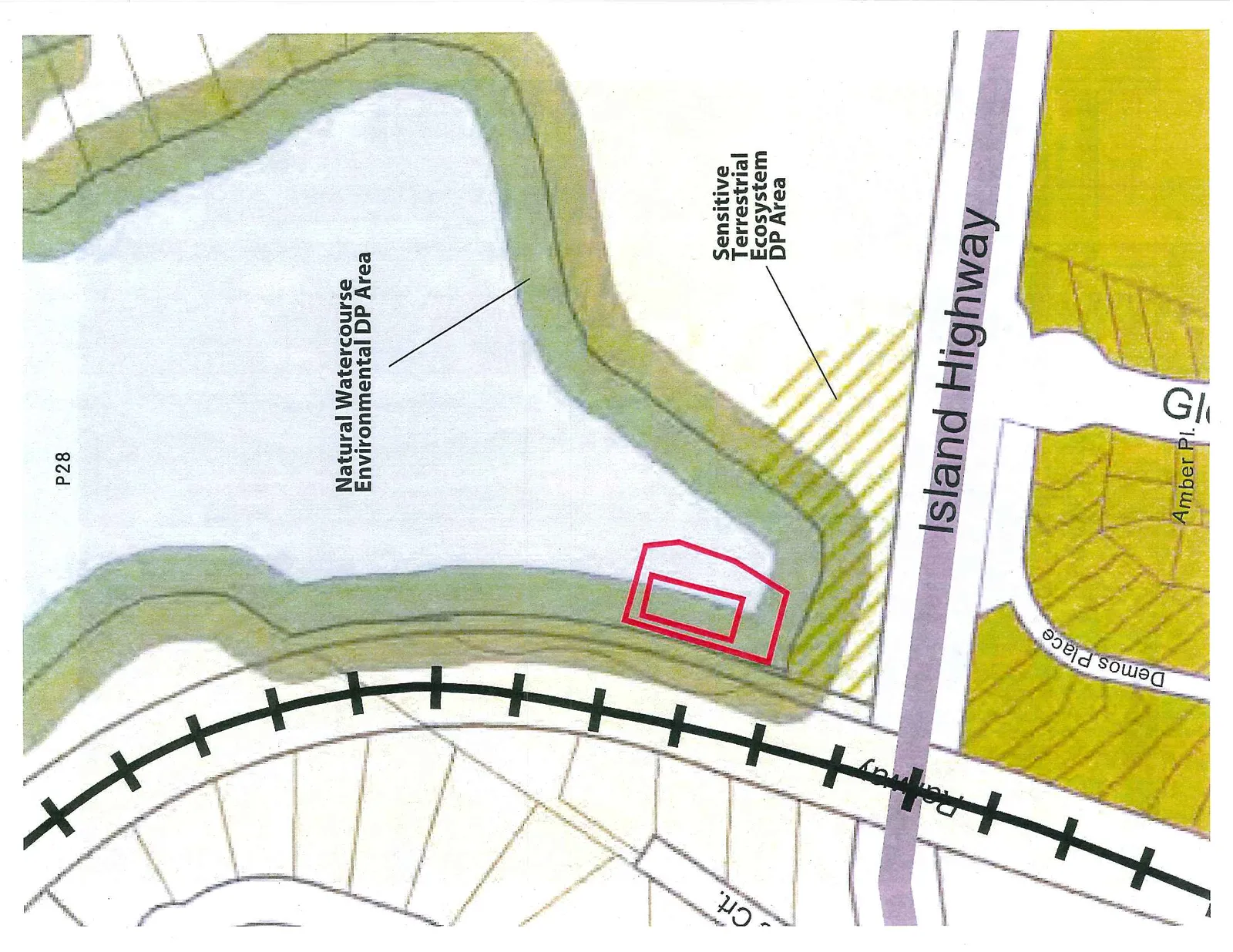 A site map showing a property boundary outlined in red, located adjacent to a Natural Watercourse Environmental DP Area and a Sensitive Terrestrial Ecosystem DP Area. The map also identifies geographic features including the Island Highway, a Railway line, Demos Place, and Amber Pl.