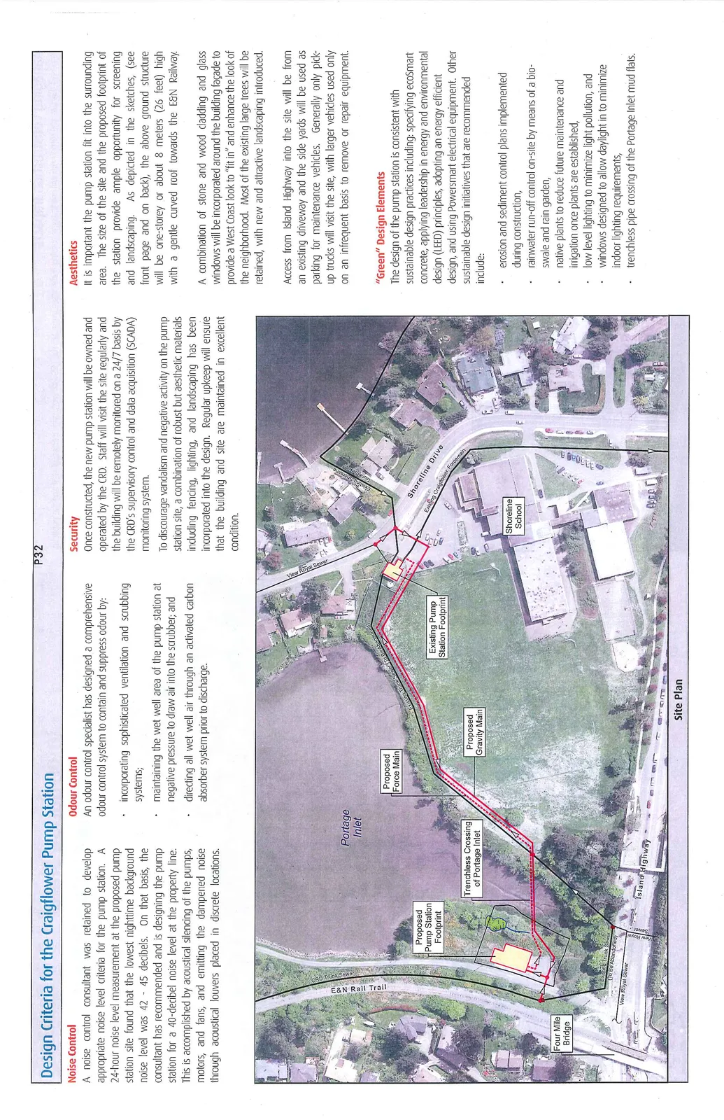 Site Plan showing Proposed Pump Station Footprint, Existing Pump Station Footprint, Proposed Force Main, Proposed Gravity Main, and Trenchless Crossing of Portage Inlet