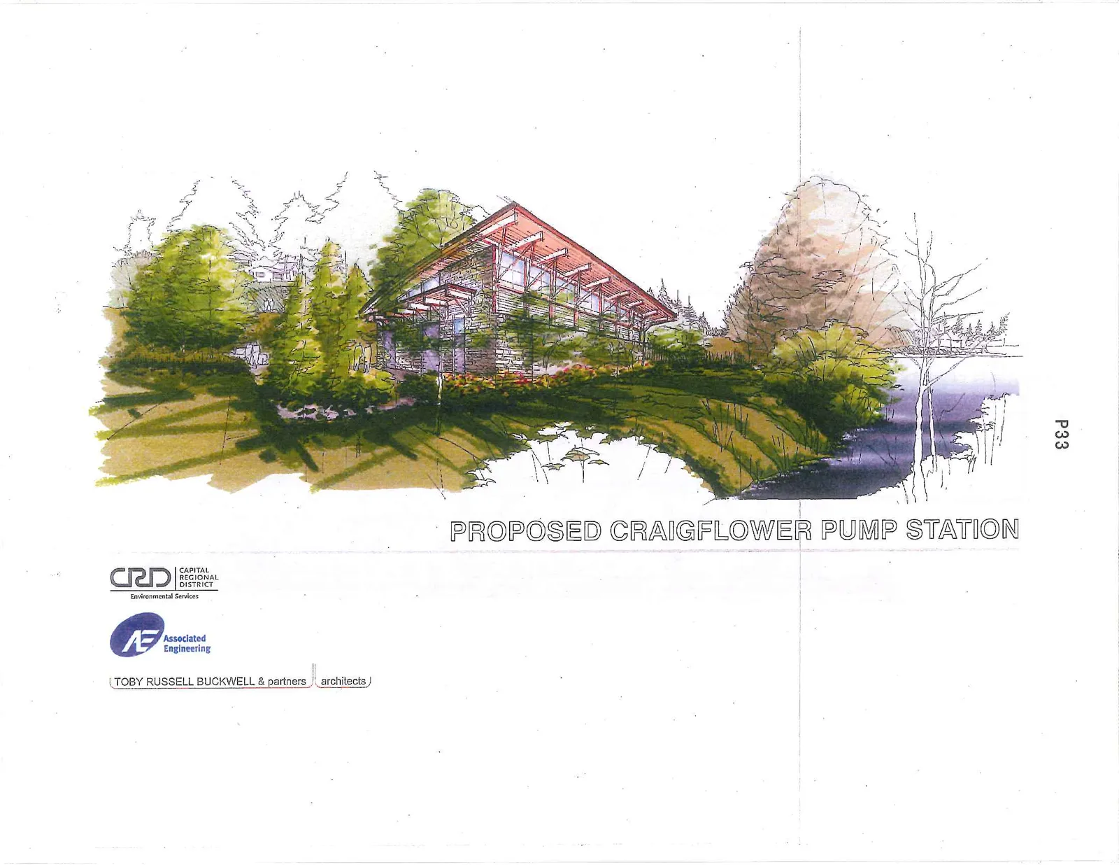 Architectural rendering of the proposed Craigflower Pump Station showing the building nestled in a wooded landscape near a riverbank