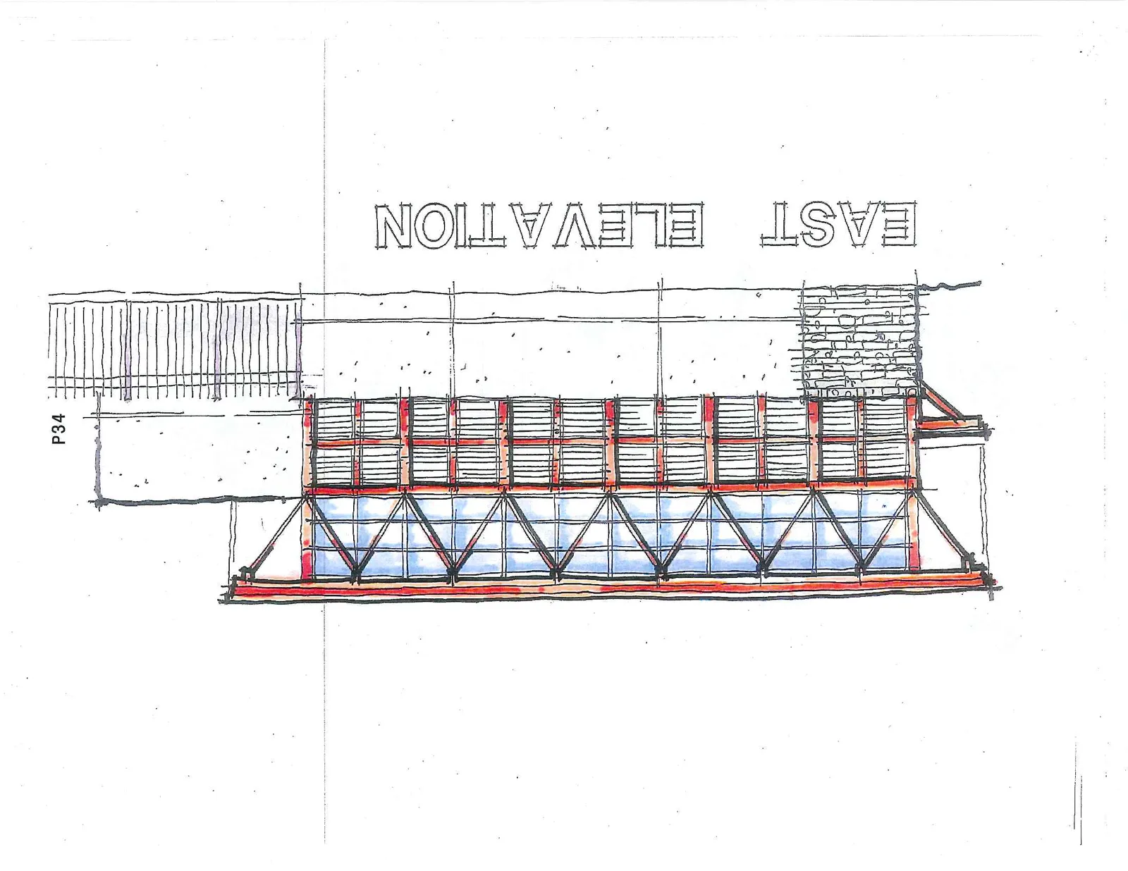 Architectural elevation drawing of the east side of the building, featuring a large glass facade with structural bracing