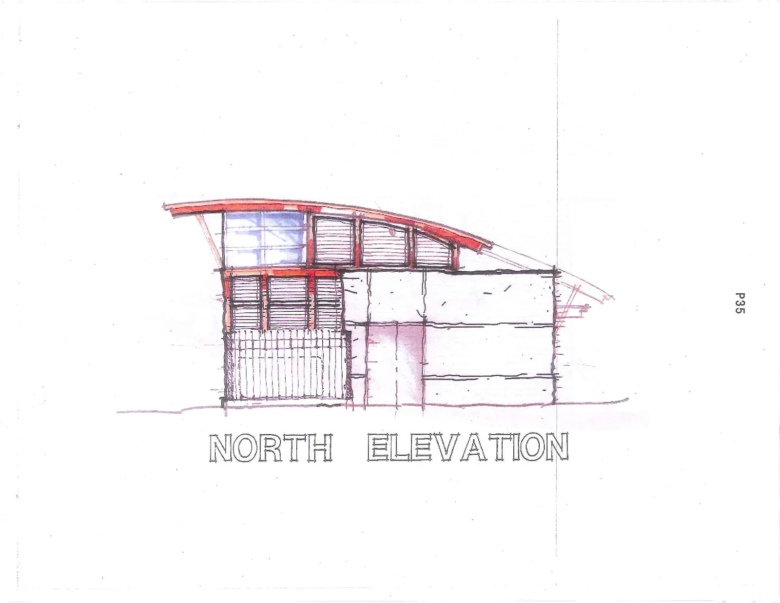Architectural elevation drawing of the north side of the building, showing the profile of the sloped roof and a gated entrance